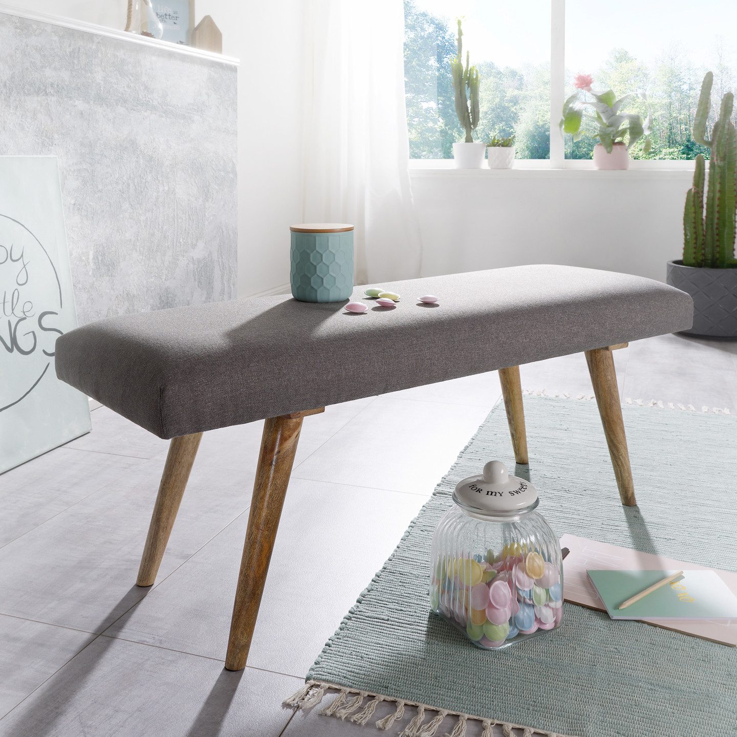 furnicato Bank Sitzbank Vollholz 117x51x38 cm Grau (1-St), Weich gepolstertes Esszimmermöbel mit Anti-Rutsch-Noppen für dein Heim