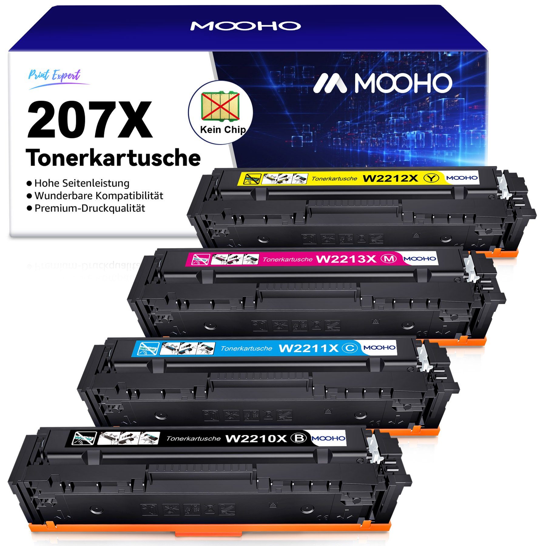 MOOHO Tonerkartusche für HP 207A 207X 207 Toner Laserjet Pro MFP M282nw, (M283fdw M283fdn, 4-St) 207X (Schwarz:3150 Farbe:2450 Seiten)