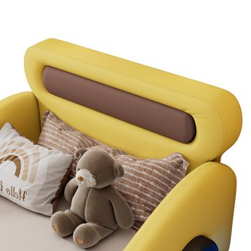 MODFU Kinderbett Einzelbett in Form eines Autos mit leuchtenden Rädern und Stauraum (Polsterbett, Kunstleder 90x200cm), ohne Matratze
