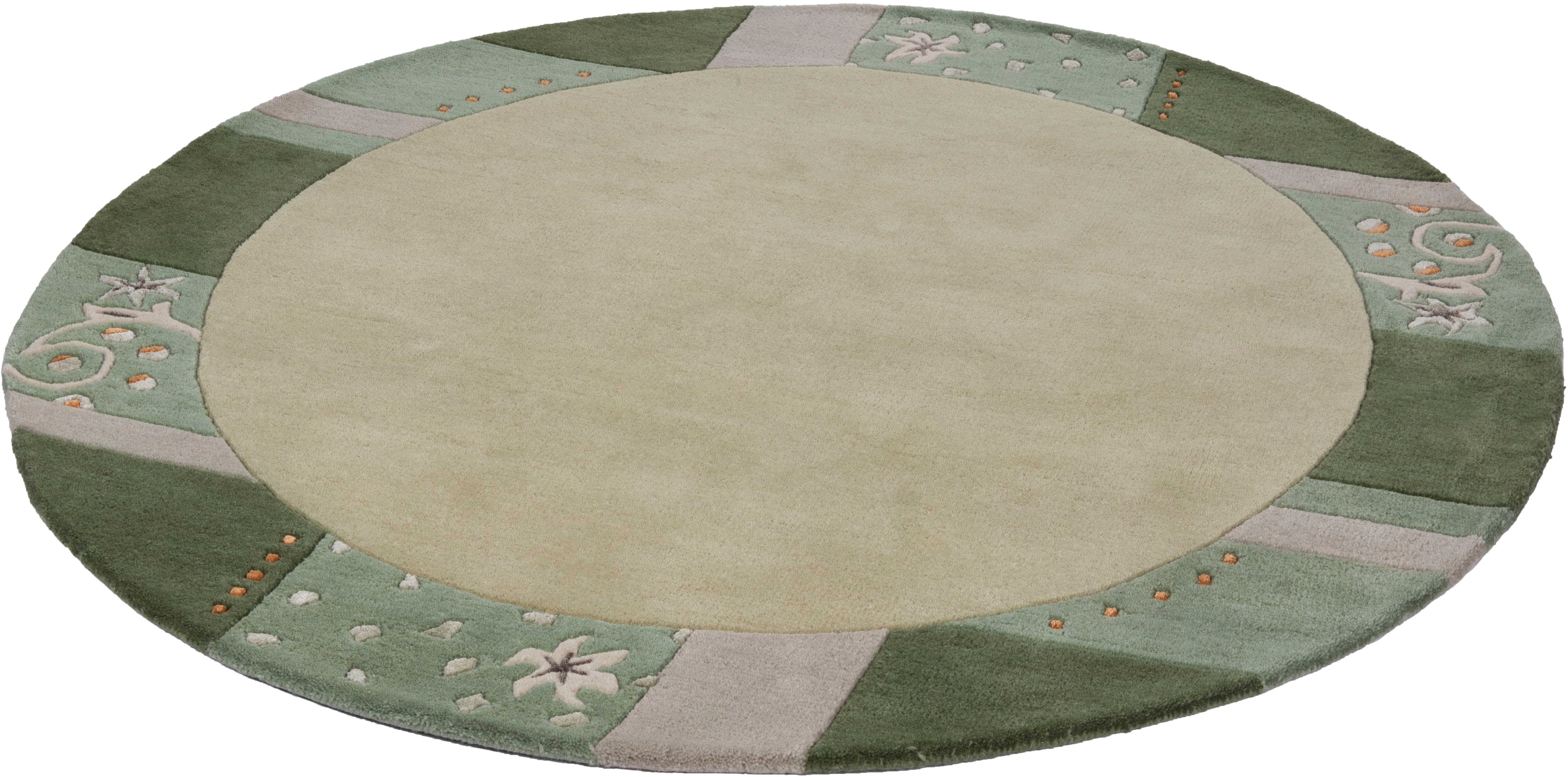 THEKO Wollteppich Royal Ganges, rund, Höhe: 13 mm, reine Wolle, mit Bordüre, ideal im Wohnzimmer & Schlafzimmer