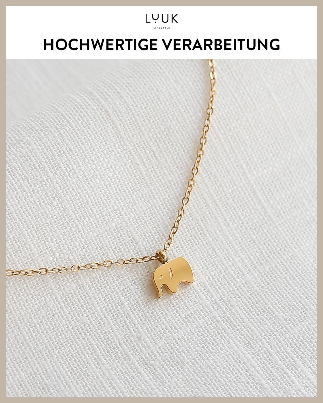 Elefant Kette Dream Glücksbringer, LIFESTYLE Schmuck, zum Elefant, Damen Geburtstag, Edelstahl, Geschenkidee gold Anhänger und LUUK Spruchkarte, Anhänger DREAM Spruchkarte, mit