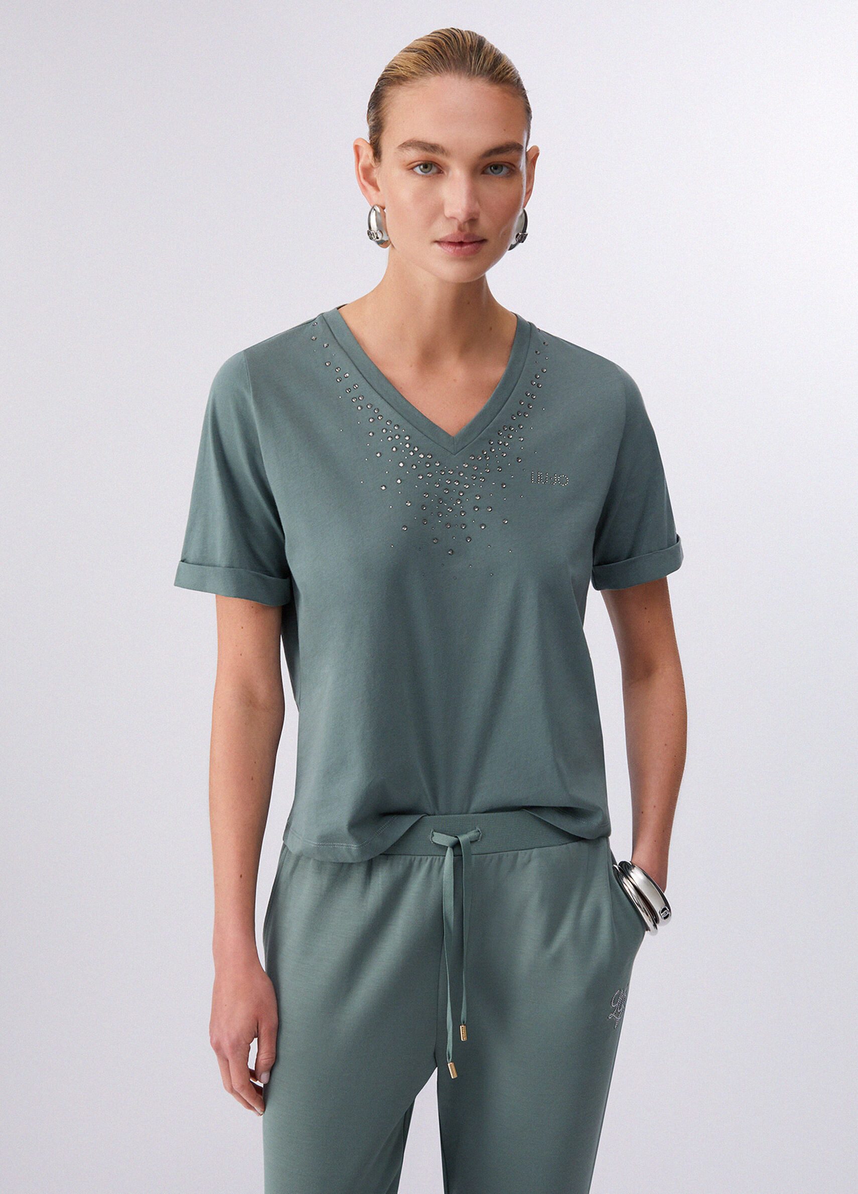 Liu Jo Kurzarmshirt - T-Shirt Damen - grünes Damenshirt - Strass - Basic Shirt - elegant