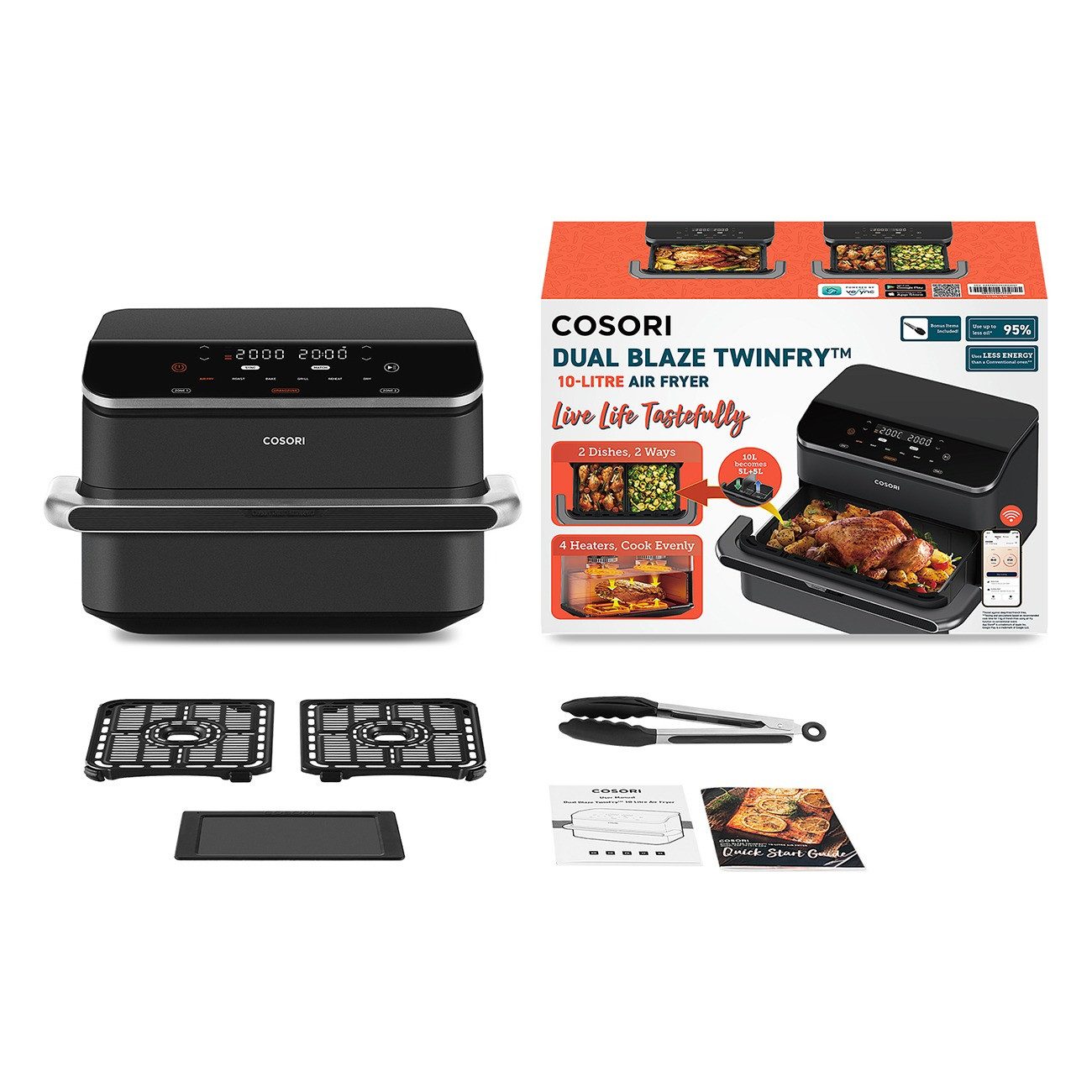 Cosori Fritteuse, 2800 W, 2 x 5 l, 35–240 °C, App-Steuerung, spülmaschinengeeignete Körbe