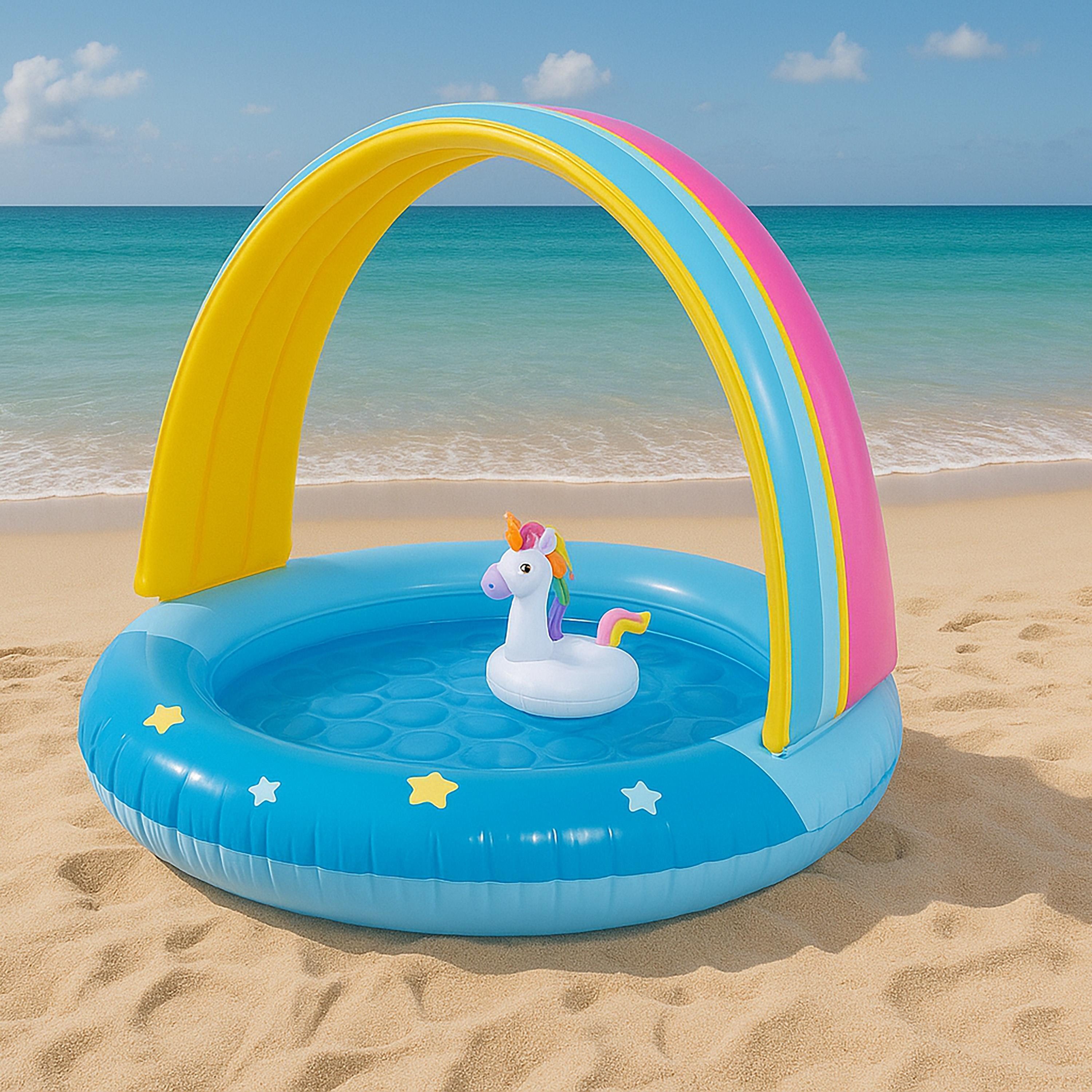 SunClub Planschbecken Kinderpool 95x80 cm, (Einzelpack, 1-tlg., aufblasbares Kinderbecken), Einhorn Pool mit Regenbogendach, Spielzeug und aufblasbarem Boden