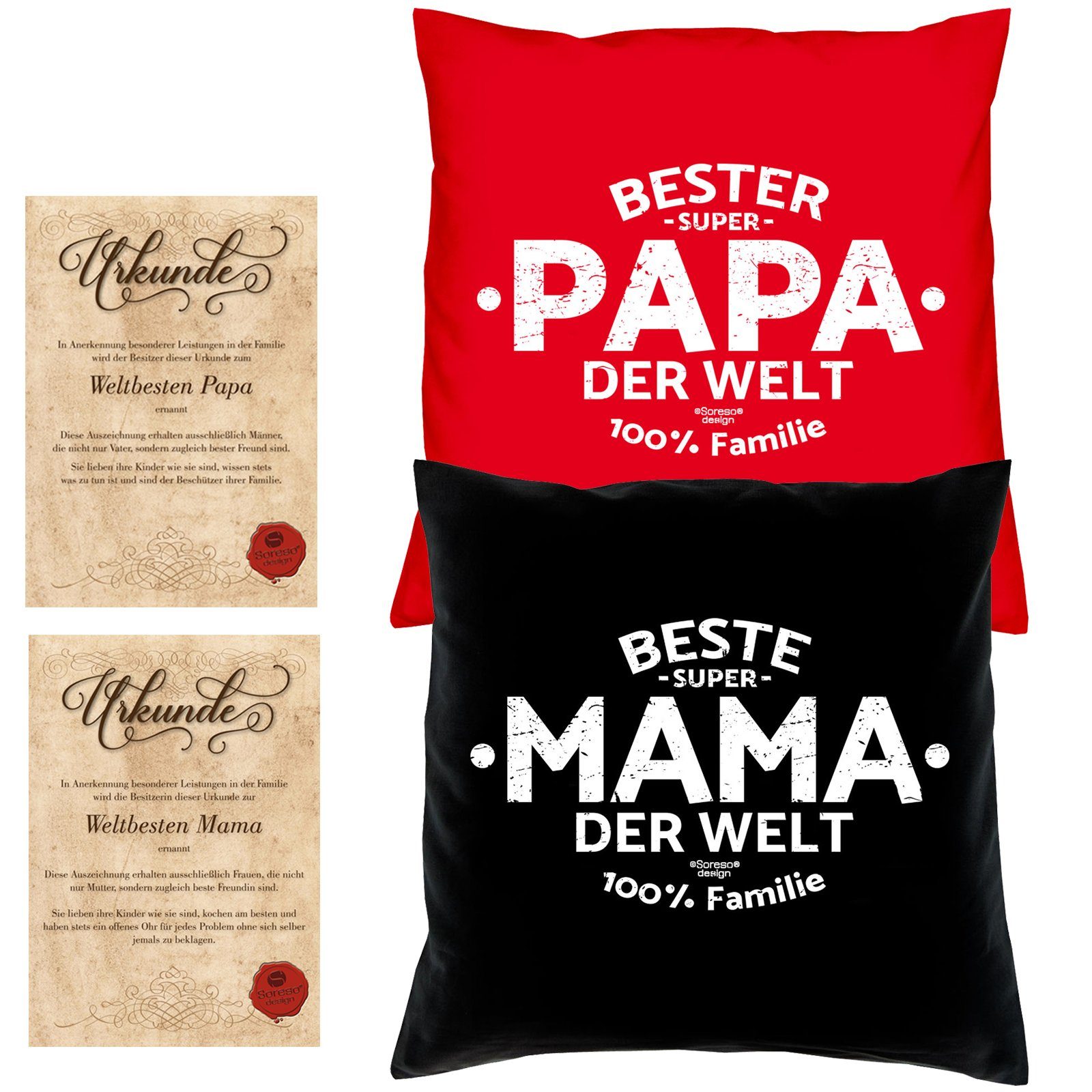 Soreso® Dekokissen Kissen-Set Beste Mama der Welt Bester Papa der Welt mit Urkunden, Weihnachtsgeschenk für Eltern rot