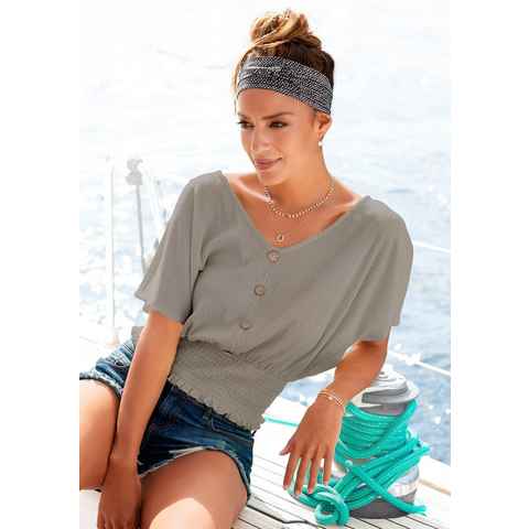 LASCANA V-Shirt mit breitem Smoksaum und Kopfleiste, Blusenshirt, sommerlich