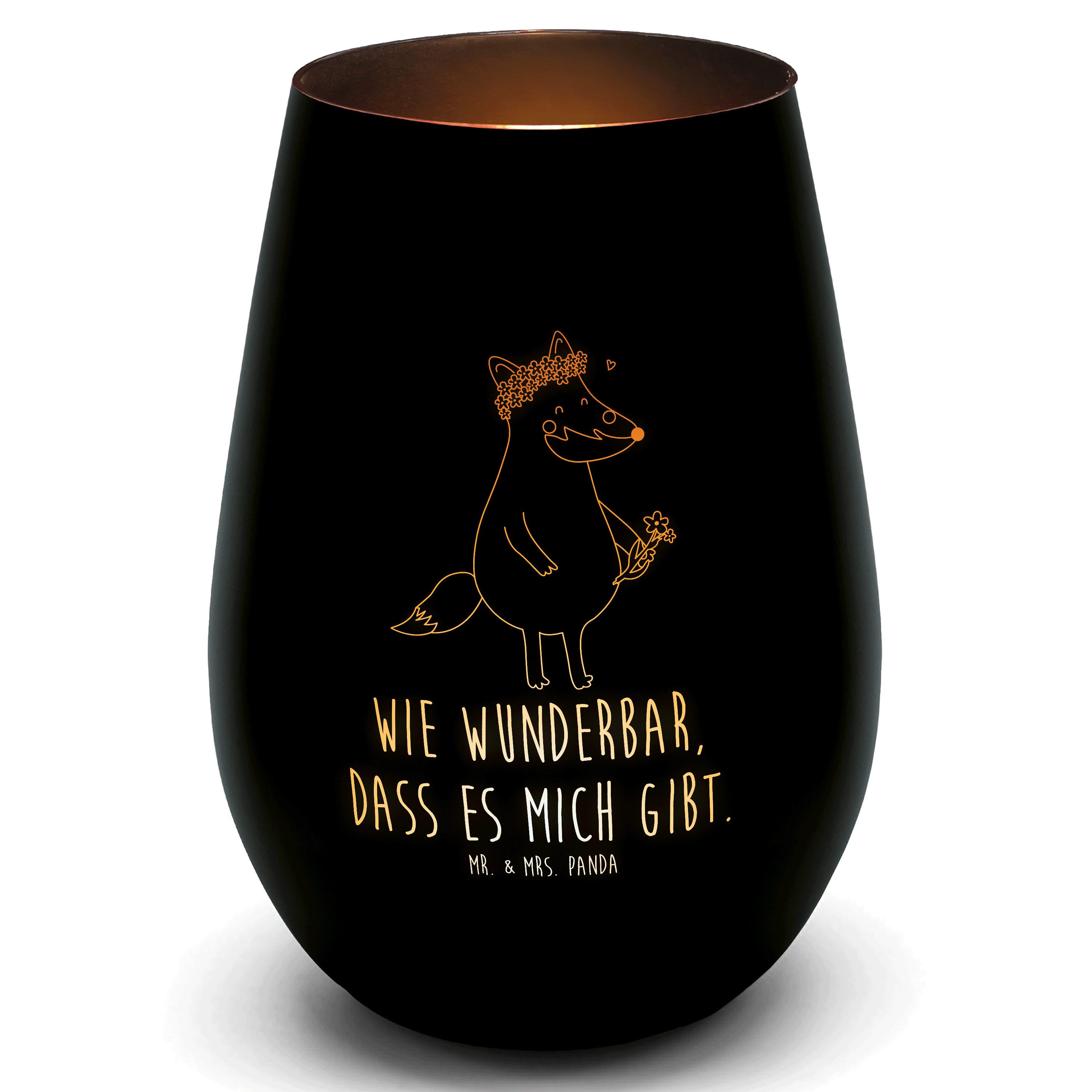 Mr. & Mrs. Panda Windlicht Fuchs Blumen - Schwarz - Geschenk, Graviertes Windlicht, Teelicht, Wi (1 St), Inklusive Teelicht