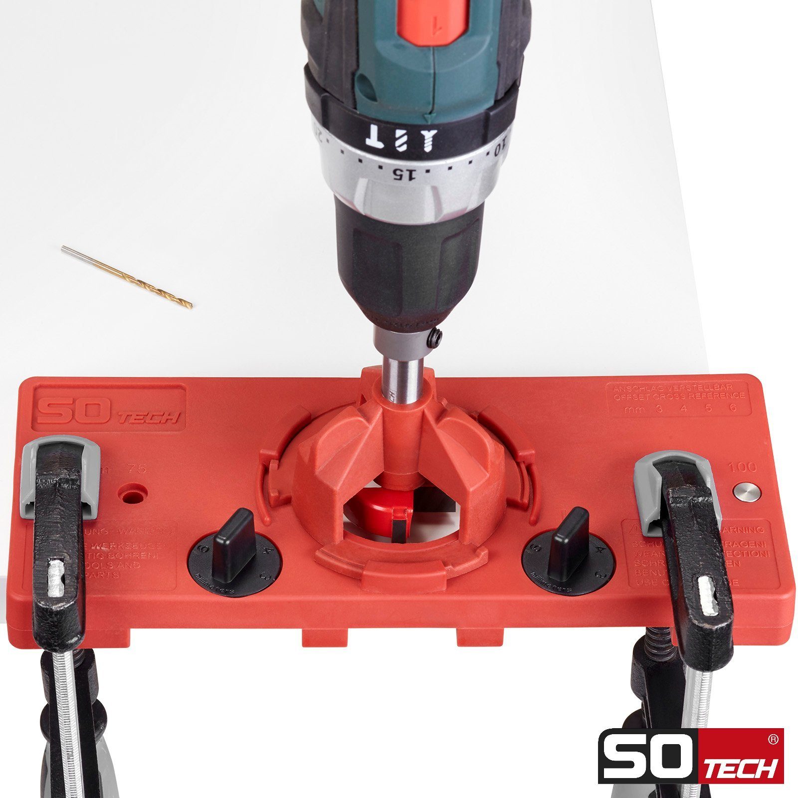 SO-TECH® Möbelbeschlag Bohrschablone BSK-35-T45 / T52 für Topfband Scharnier (1 St), mit Forstnerbohrer Ø 35 mm für Topfscharniere – Bild 3 von 5
