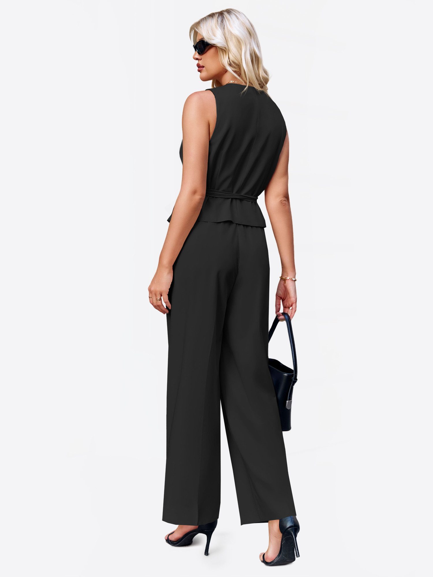 Imily Bela Hosenanzug Dame Sommer Outfit im 2-teiligen Set Casual Suit Set (Set, 2-tlg., 2er-Pack, ärmellos Weste mit Kordelzüge+weiten Hosen mit Knopf) in Unifarbe mit Kodelzüge