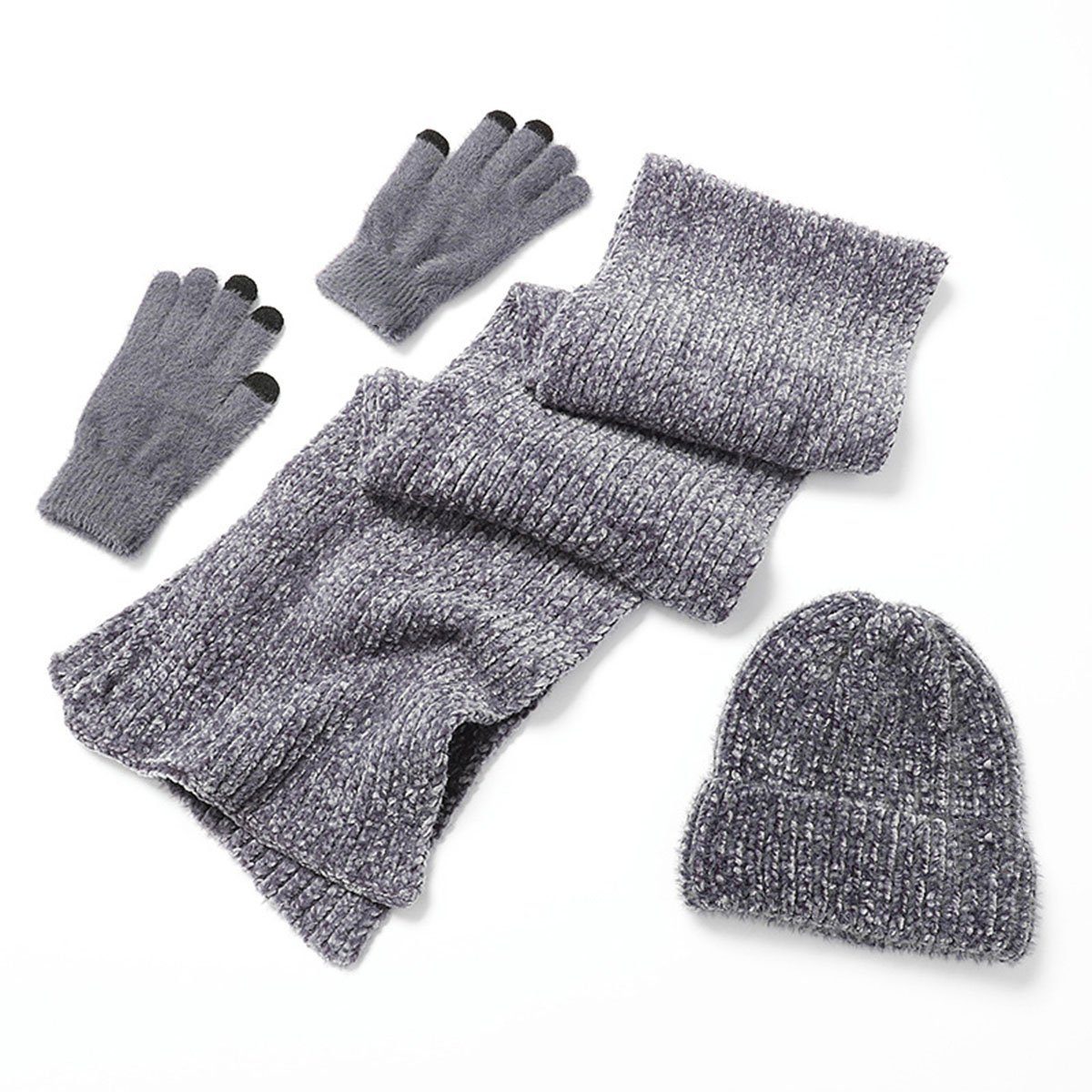 und Warmes CTGtree Handschuhe Set Set Strickschal Arbeitshandschuh-Set Mütze grau