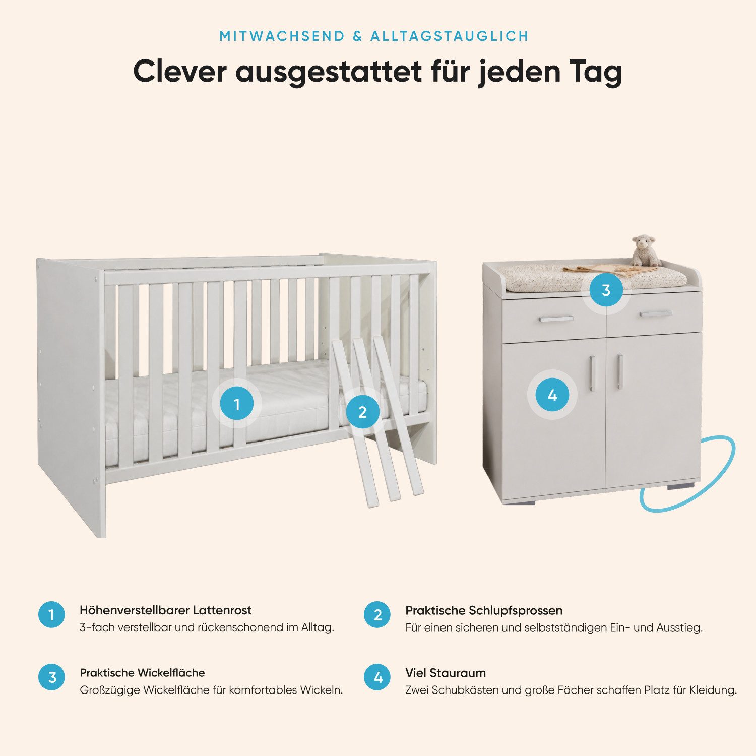 Storado Bettanlage Sienna 2-teilig 70×140cm, Kinderzimmer-Set, Farbe wählbar, Mitwachsendes Babybett, Wickelkommode und geräumiger Schrank