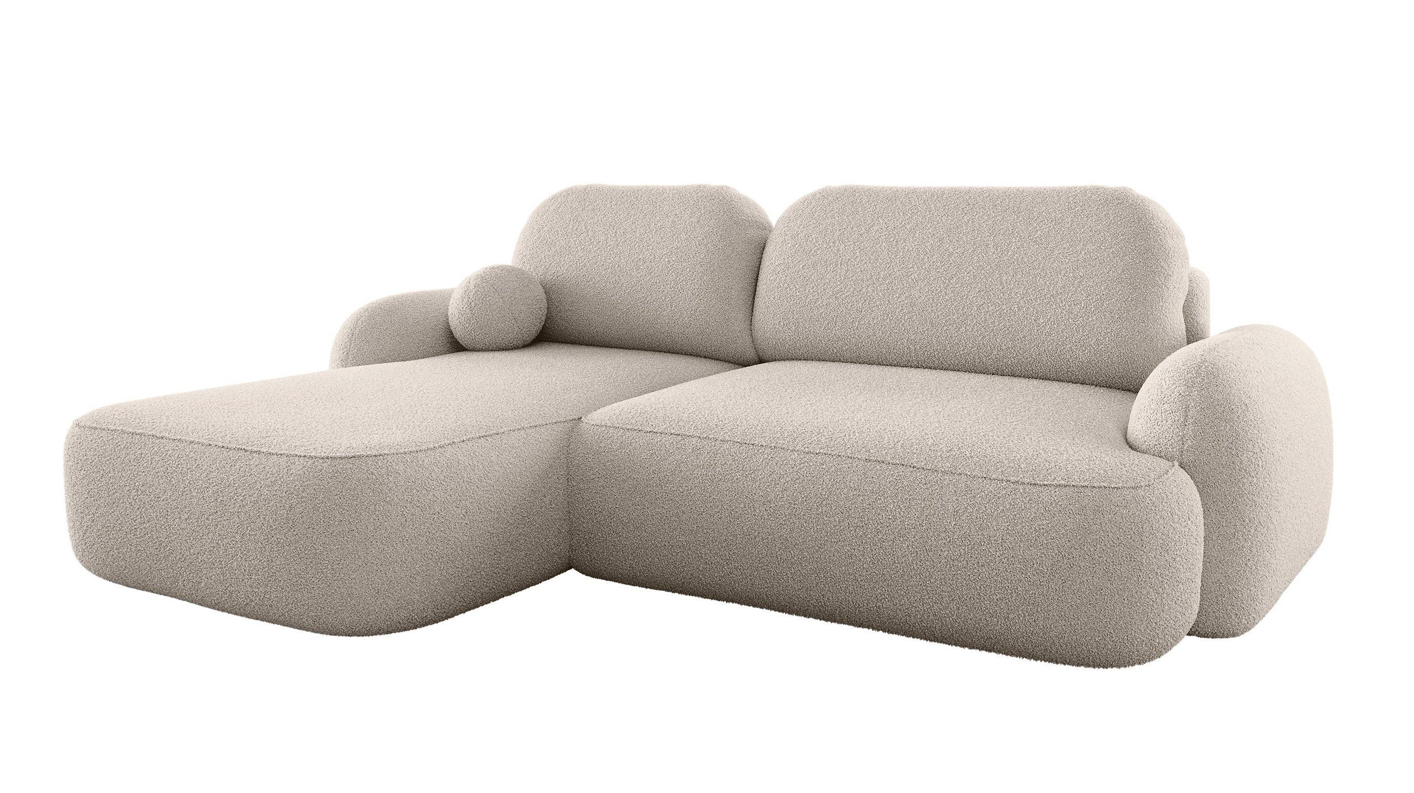 Labett Ecksofa MOLLY L-Form mit Schlaffunktion - Bouclé, rundes Design, 276x176 cm, mit Relaxfunktion