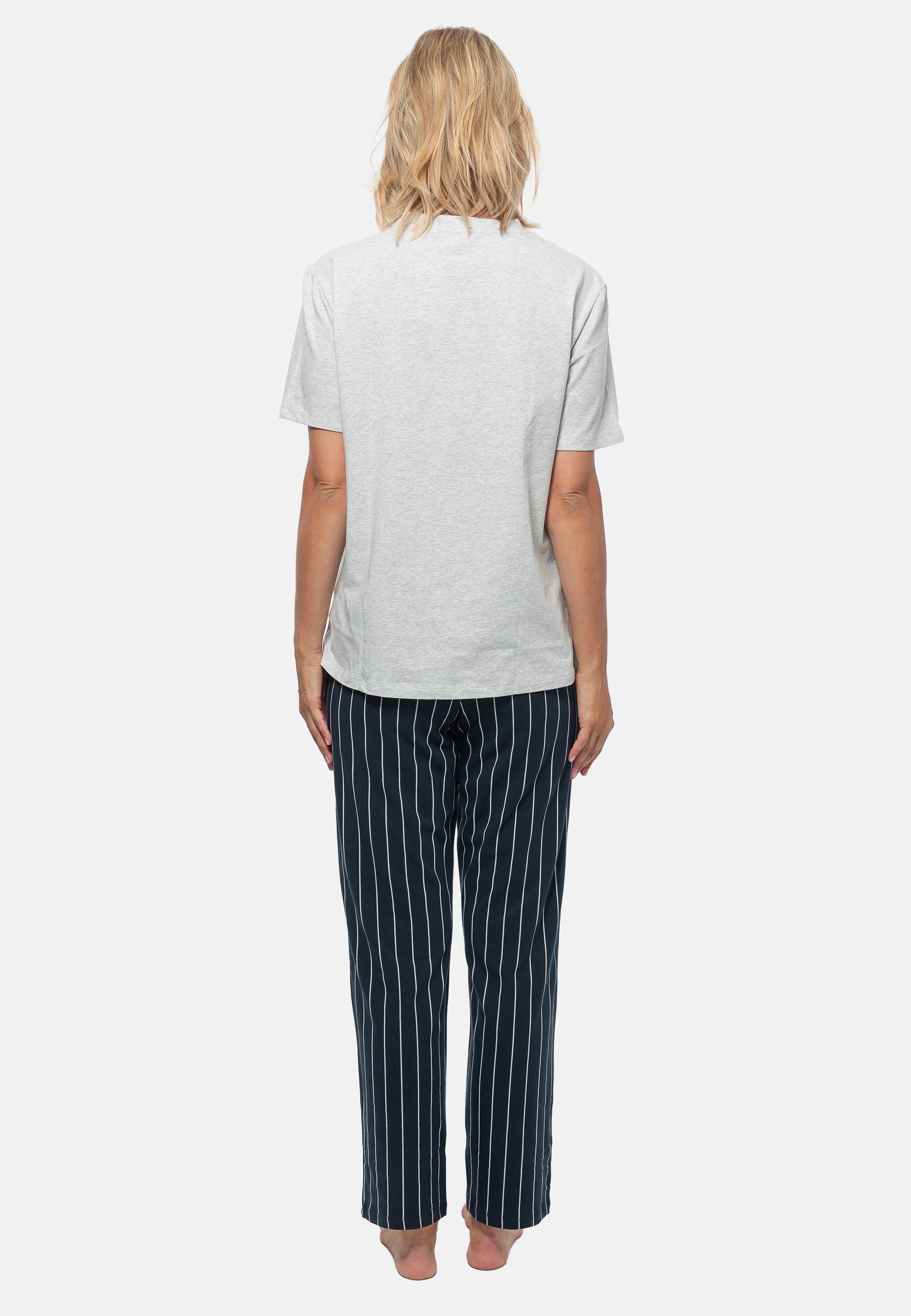 - 2 (Set, Pyjama Baumwolle Organic Blau / Cotton gestreift Schlafanzug - Schiesser tlg) Grau