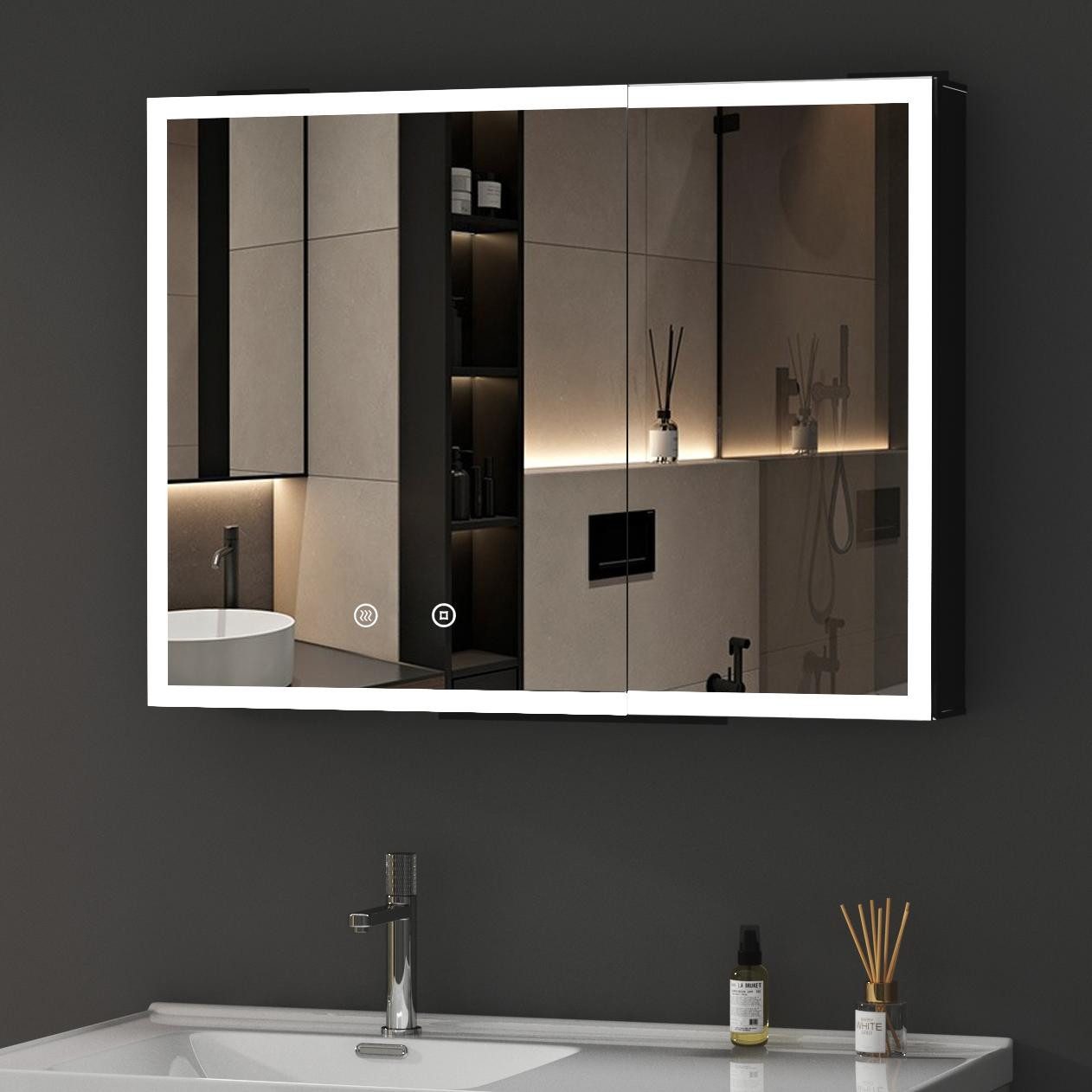 WDWRITTI Spiegelschrank LED Schwarz Alu-Schranktür Badezimmerspiegelschrank günstig online kaufen