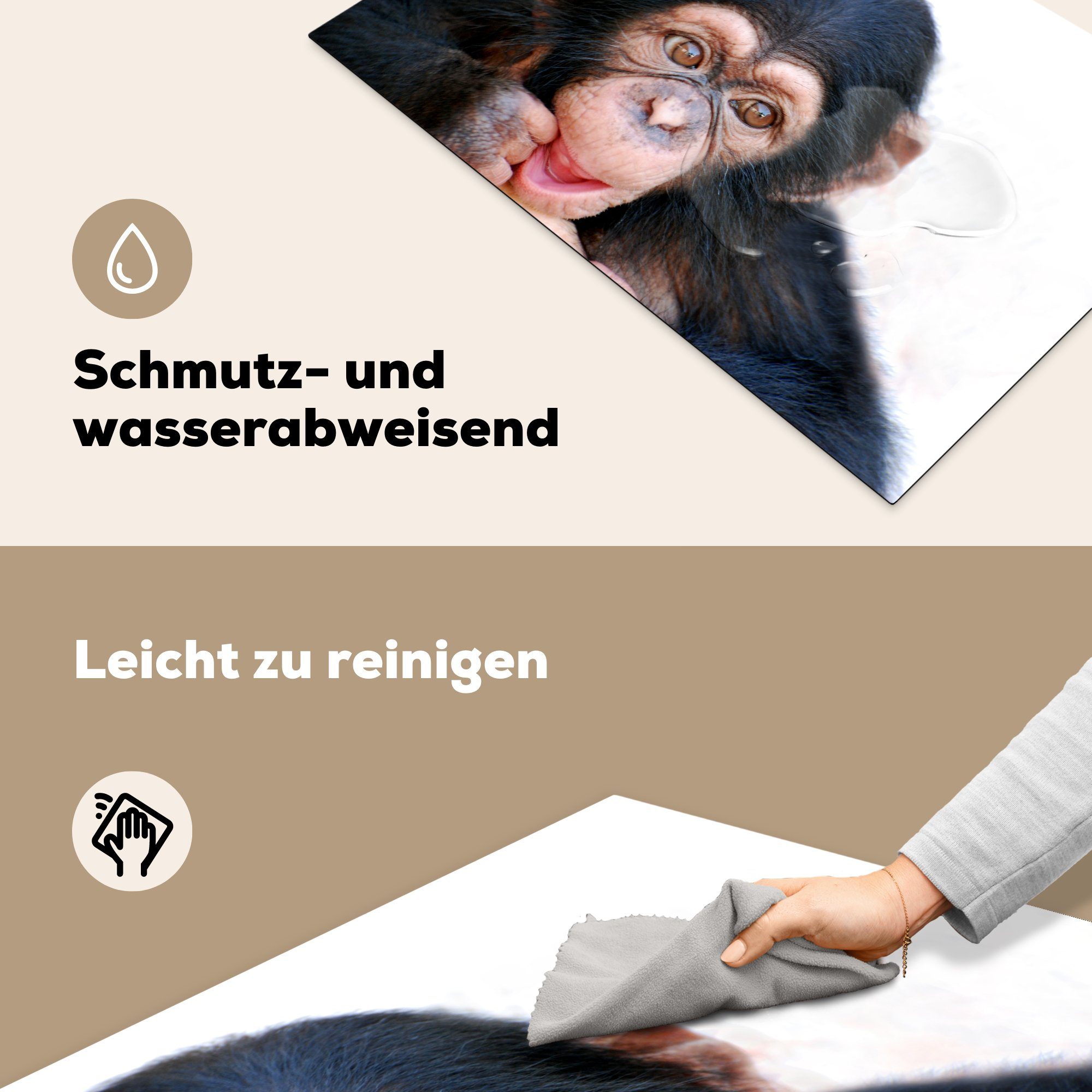 weißen Schimpanse Hintergrund, Affe für 81x52 Schutz Ceranfeldabdeckung Vinyl, cm, tlg), Herdblende-/Abdeckplatte die MuchoWow Induktionskochfeld Nahaufnahme küche, (1 gegen