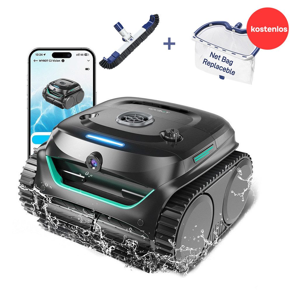 WYBOT Poolroboter C2 Vision kabelloser Poolsauger, (Zweischichtige Filterung, 8-in-1-Reinigungsroboter), bürstenlose Motoren für kraftvolle Saugkraft, für Pools bis zu 180 m²