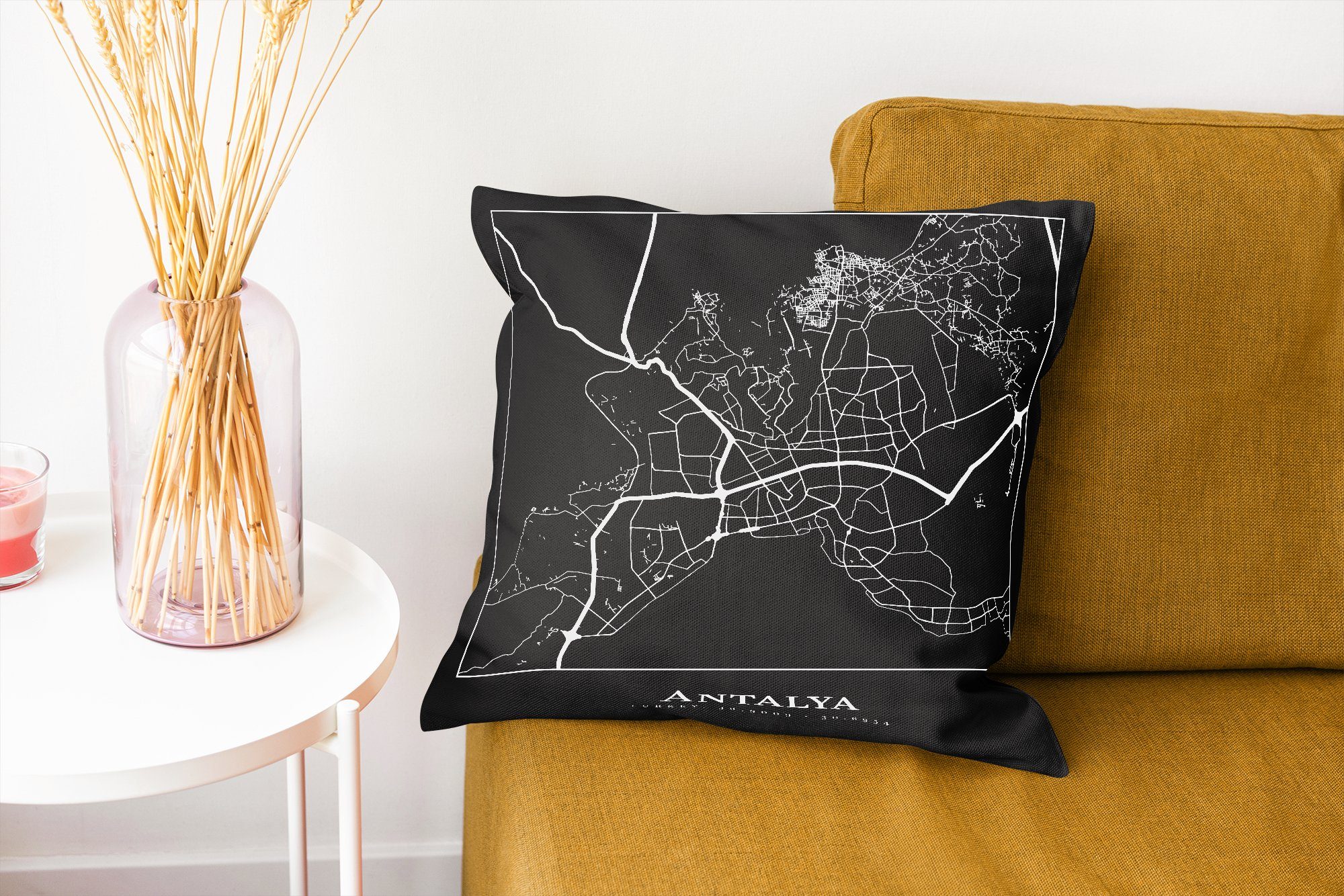 - Stadtplan, Dekokissen mit Wohzimmer, Schlafzimmer, Karte Antalya - Sofakissen Zierkissen für Deko, Füllung MuchoWow