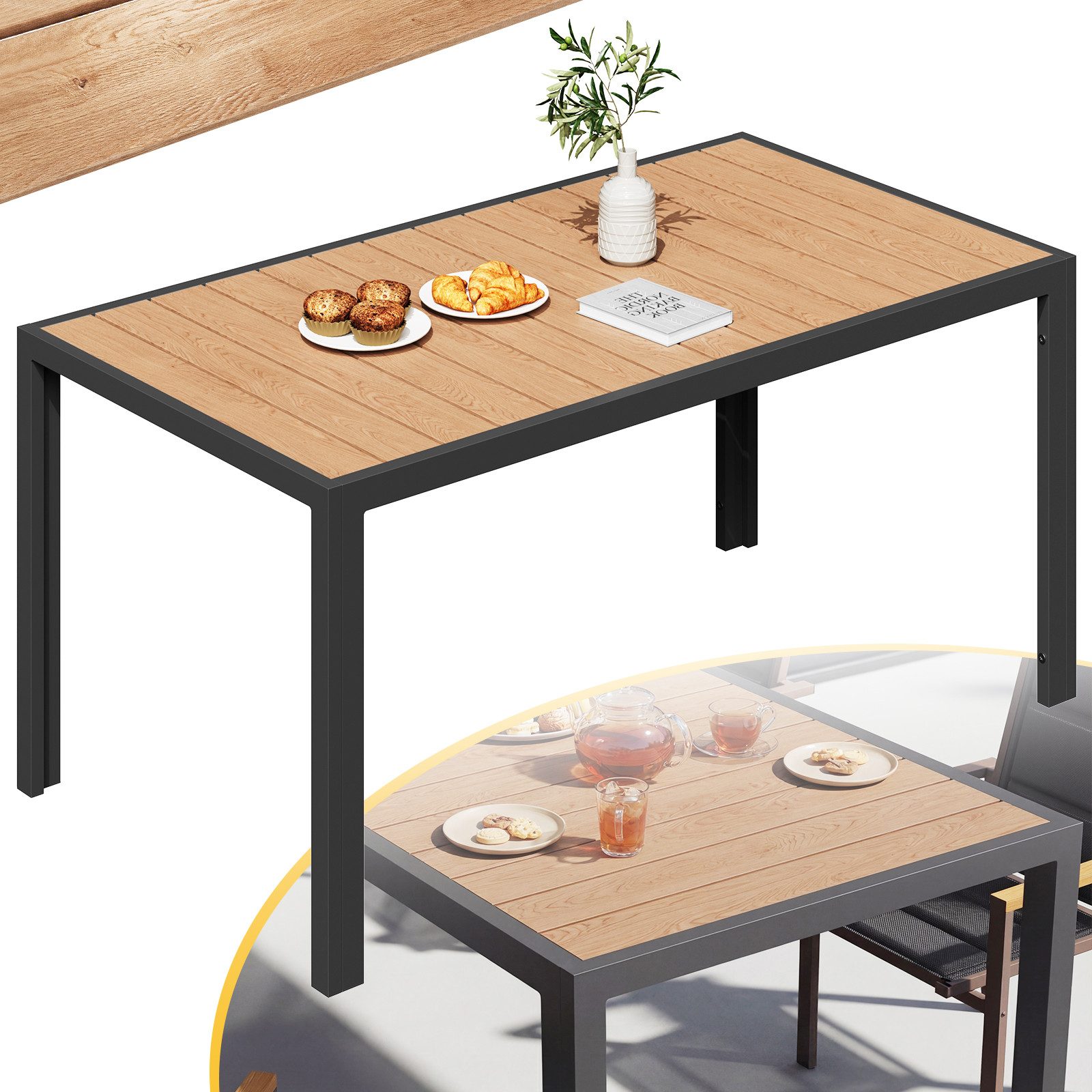 HOMALL Gartentisch Holzoptik Esszimmertisch 100kg Belastbarkeit, für 4-10 Personen (150/180cm Garten-Esstisch wetterfest Aluminiumrahmen Verstellbare Füße, für Außenbereich)