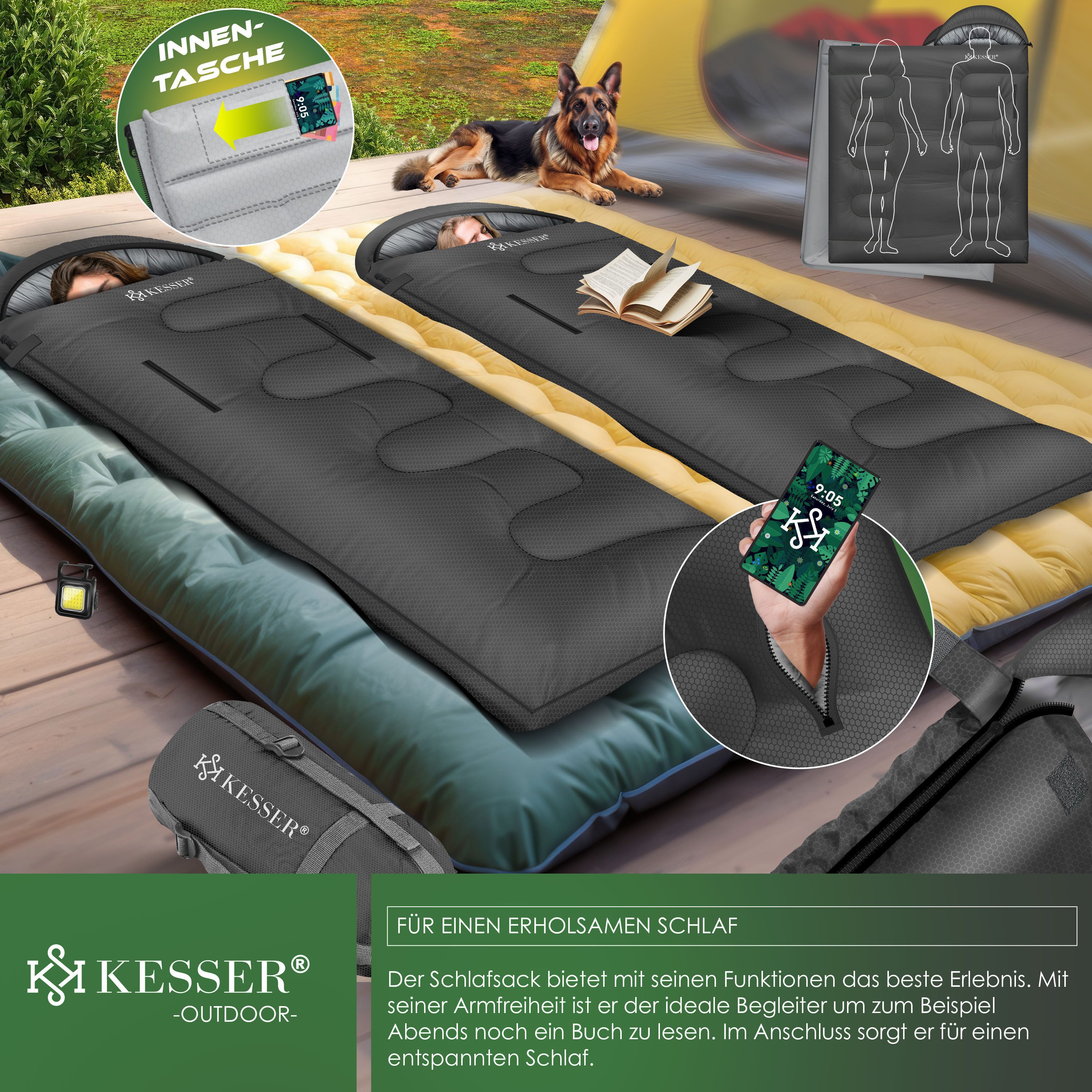 KESSER Deckenschlafsack Camping Schlafsack Outdoor 220x83cm 4 Jahreszeiten (Campingschlafsack inklusive Campinglampe & Seitentasche), für Erwachsene & Kinder Le – Bild 4 von 5