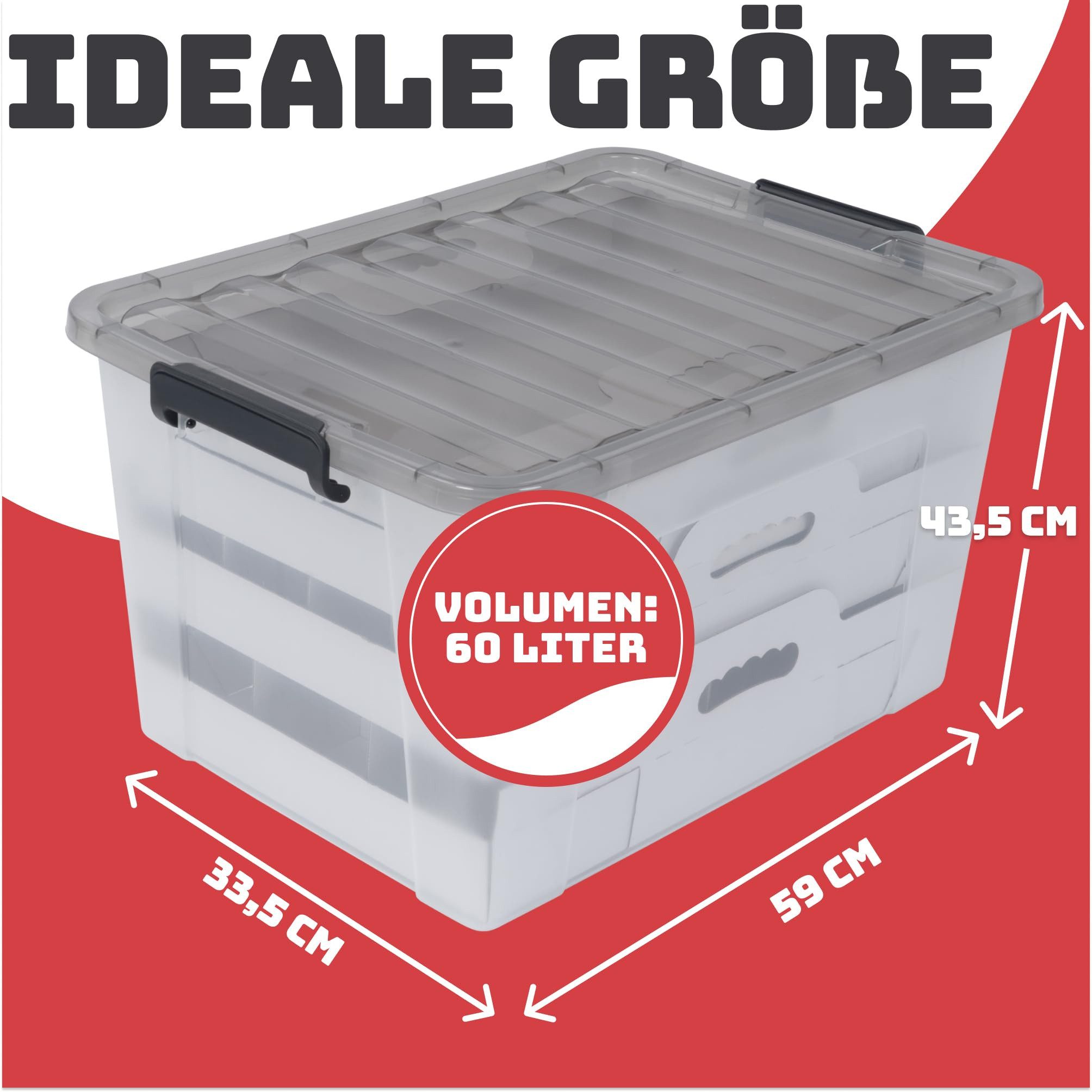 Stackmeister Aufbewahrungsbox Aufbewahrungsbox Mit Deckel Für Weihnachtsdeko (Stabile Clips für Deckel, 1 St., 1-2er Set), 3 Trays + extra Fach, für Kugeln Ø 60, 80, 100 mm