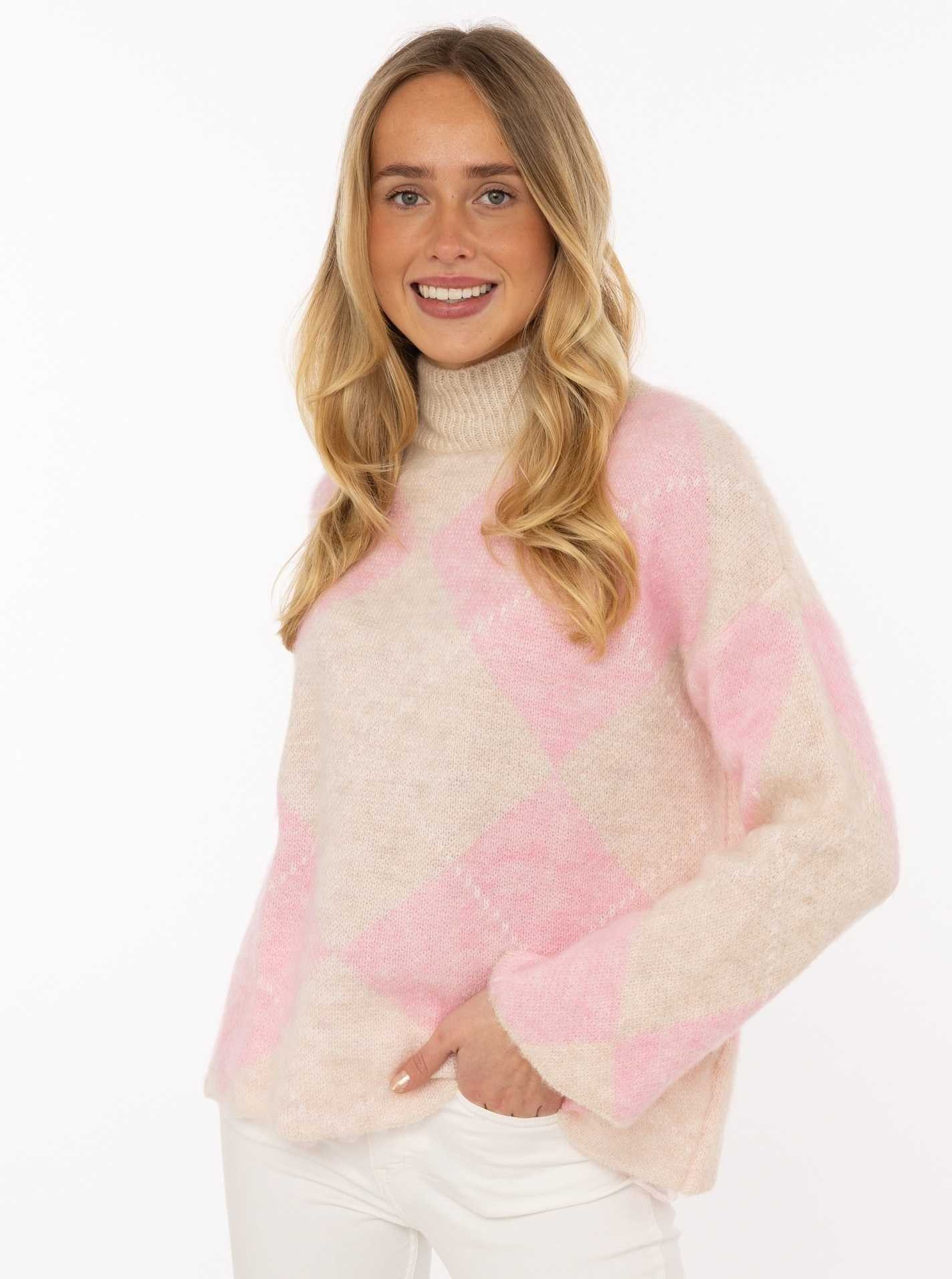 Zwillingsherz Rollkragenpullover "Argyle" großes Rautenmuster, hoher Kragen, Strick, One Size
