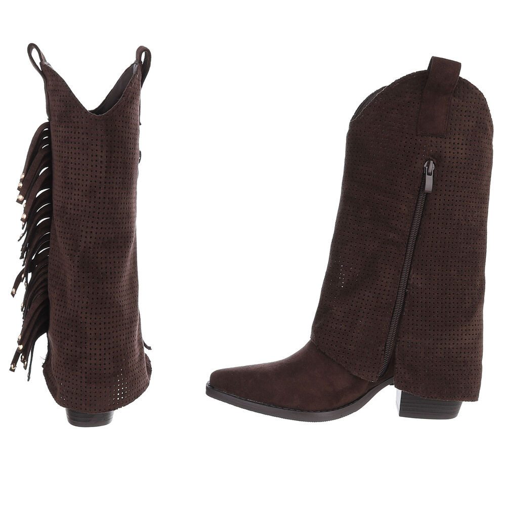 Ital-Design Damen Boots mit Fransen und perforiertem Design Westernstiefel (91154621) Blockabsatz Stiefel in Dunkelbraun – Bild 5 von 5