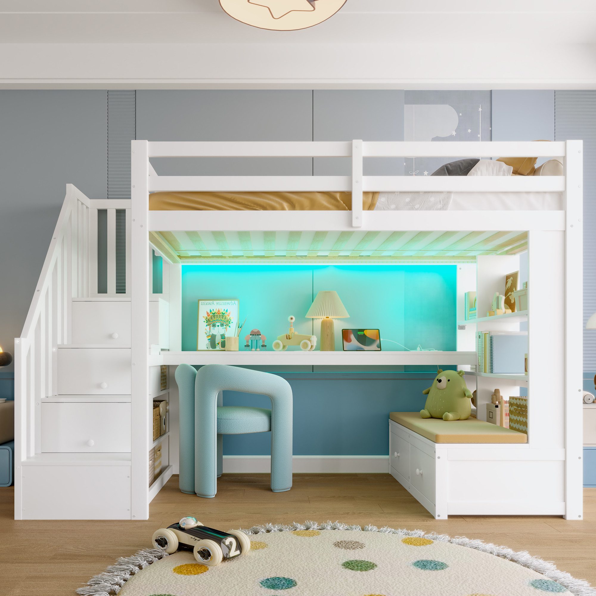 Merax Hochbett 90x200cm mit LED-Beleuchtung (1-St., Jugendbett Einzelbett Stockbett) Kiefer Kinderbett mit Schreibtisch Regalen Schubladen Stauraumtreppe