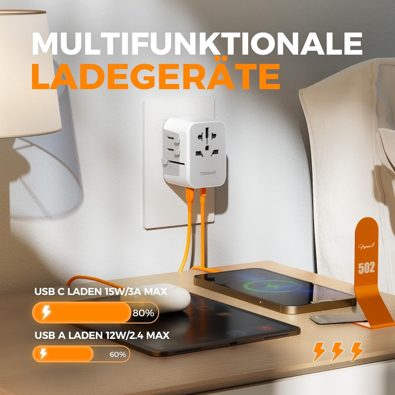 TESSAN Reiseadapter Weltweit Universal mit 2 USB und 3 USB C Reiseadapter