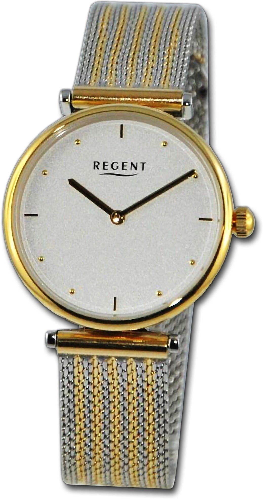 Regent Quarzuhr Regent Damen Armbanduhr Analog, Damenuhr Metallarmband silber, gold, rundes Gehäuse, groß (ca. 33mm)