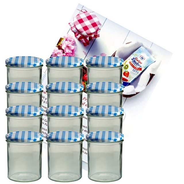 MamboCat Einmachglas 12er Set Sturzglas 350 ml Marmeladenglas Einmachglas Einweckglas To 82 blau karierter Deckel incl. Diamant-Zucker Gelierzauber Rezeptheft