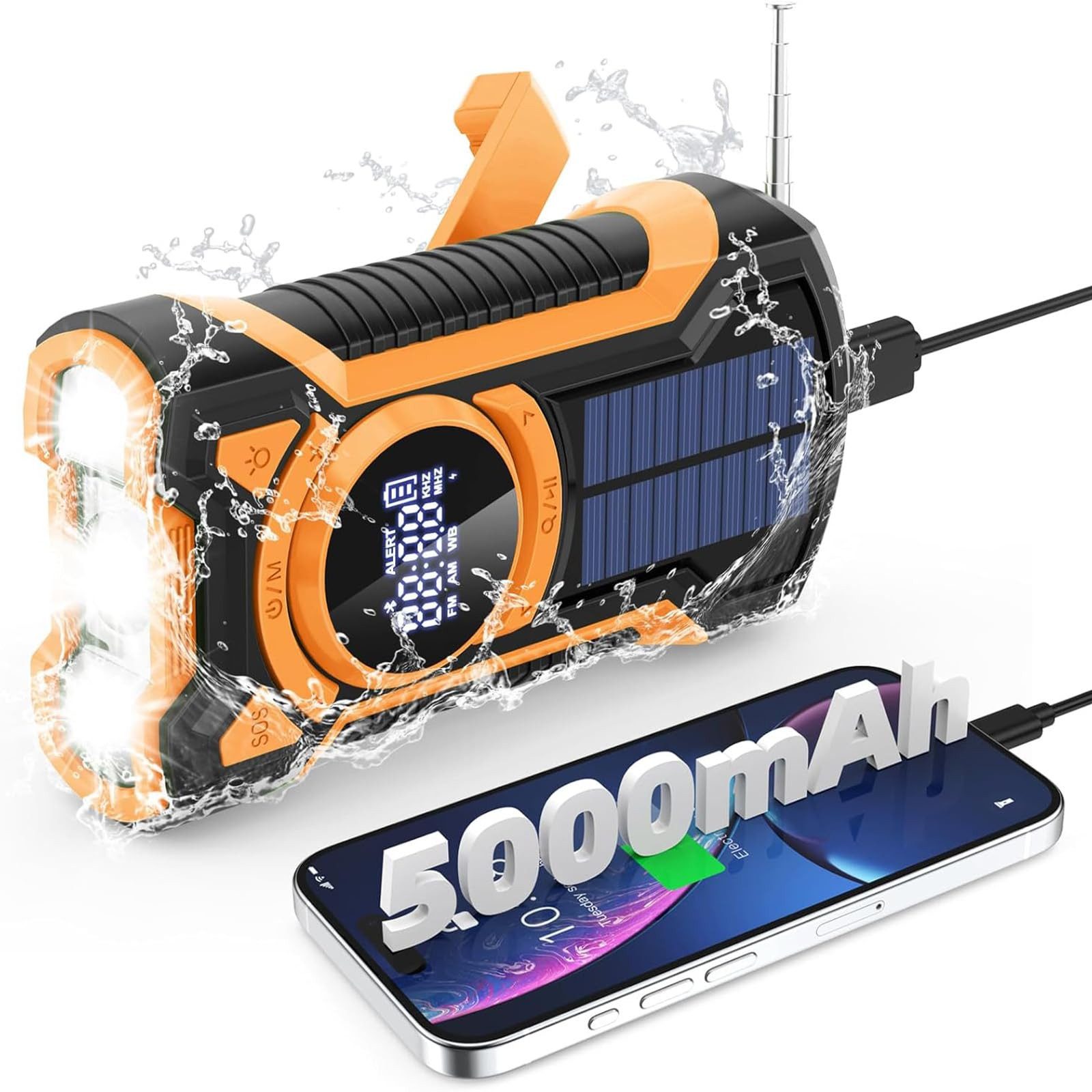 Tekoo Kurbelradio Solar Notfallradio 5000mAh Powerbank mit LED Taschenlampe Notfallradio (FM, AM, Sendersuchlauf, 3 Lademethoden (Solar, Kurbel, USB), IPX5 Wasserfest, Bluetooth 5.3)
