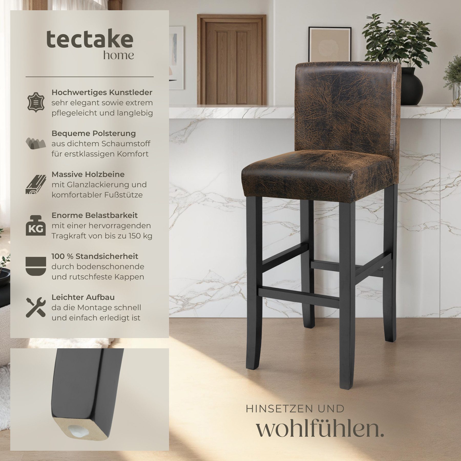 tectake Barhocker Barstuhl aus Kunstleder, gepolstert mit Rückenlehne, Stuhlbeine aus Massivholz, Sitzhöhe 76 cm