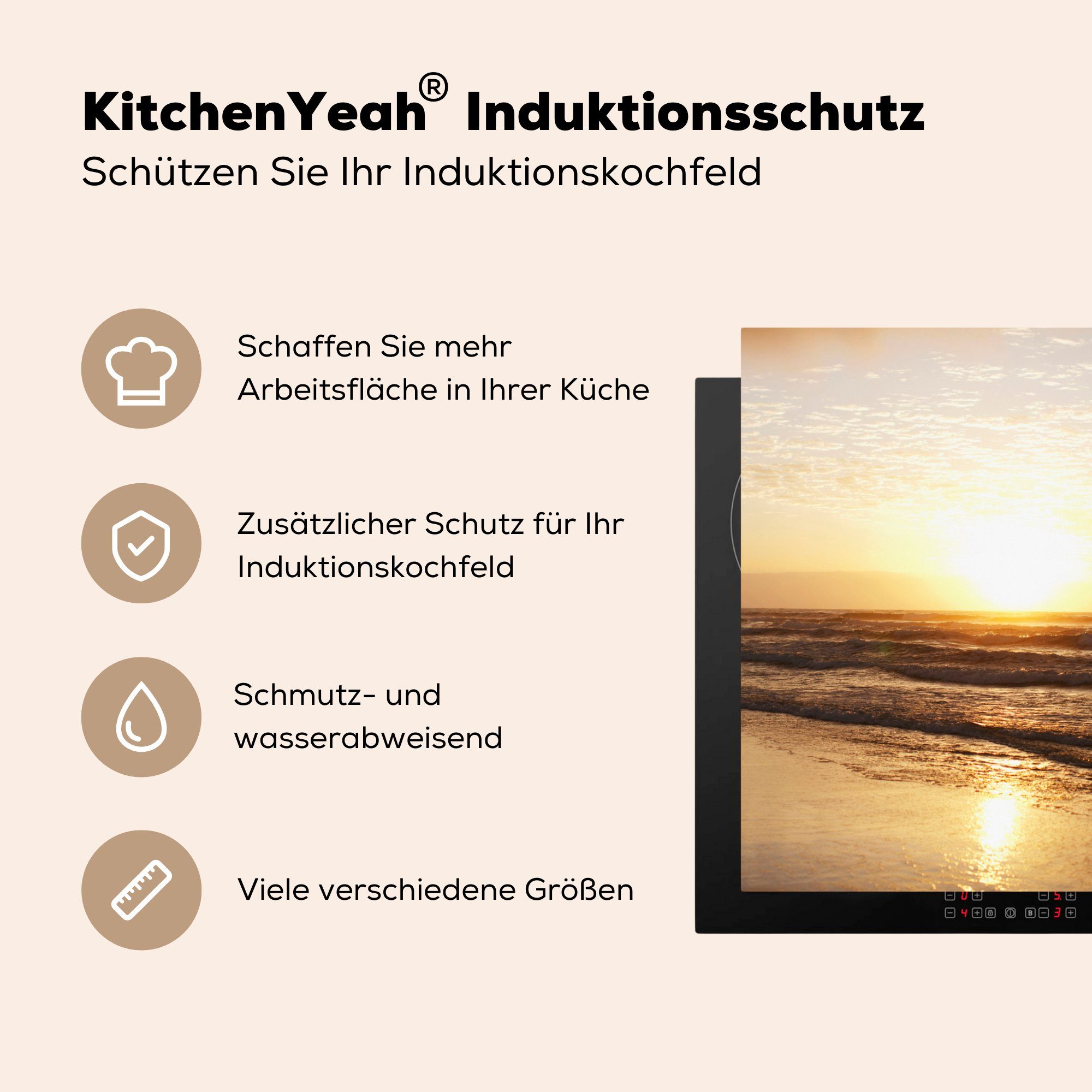 Meer Herdblende-/Abdeckplatte küche Sonne für 78x78 tlg), Vinyl, Strand, cm, (1 - MuchoWow Ceranfeldabdeckung, Arbeitsplatte -