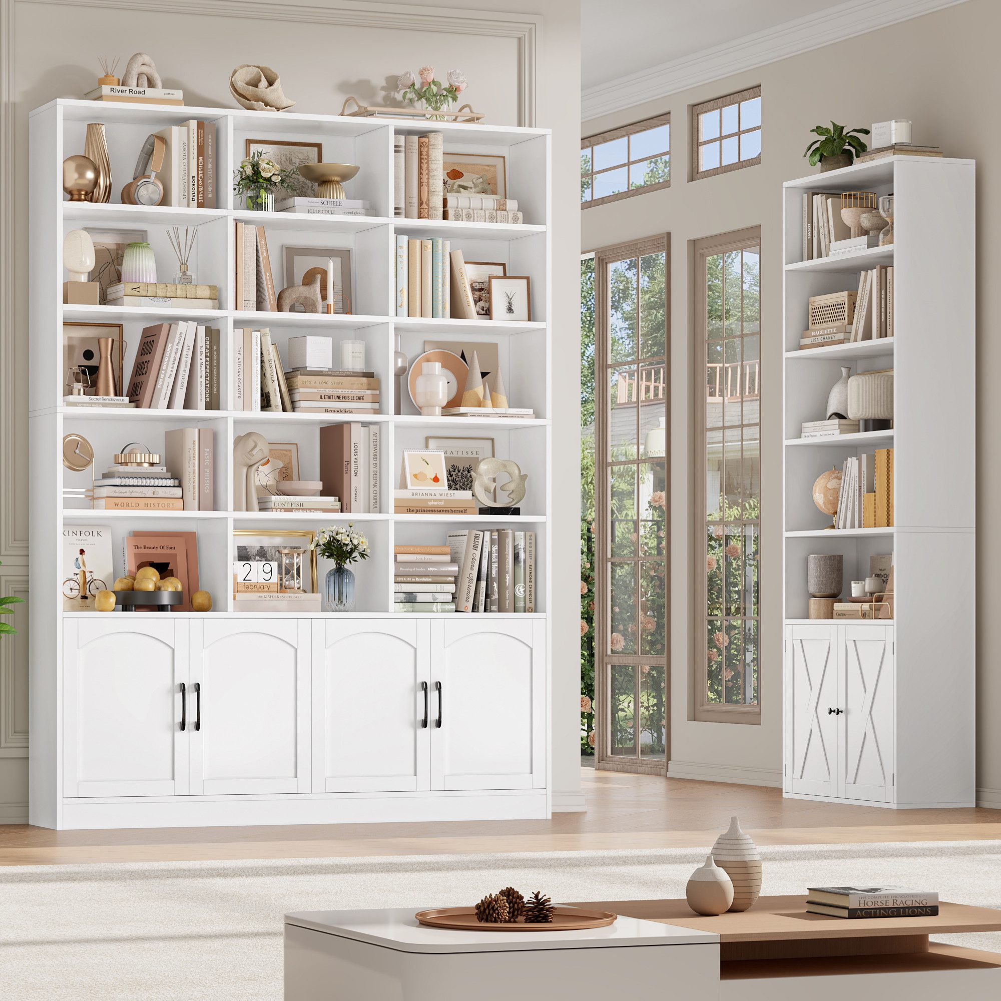 Homfa Bücherregal 209cm Bücherschrank Hochschrank Raumteiler Standregal, mit 15 offenen Fächern und 4 Türen, Holz, 150x23,7x209 cm, Weiß