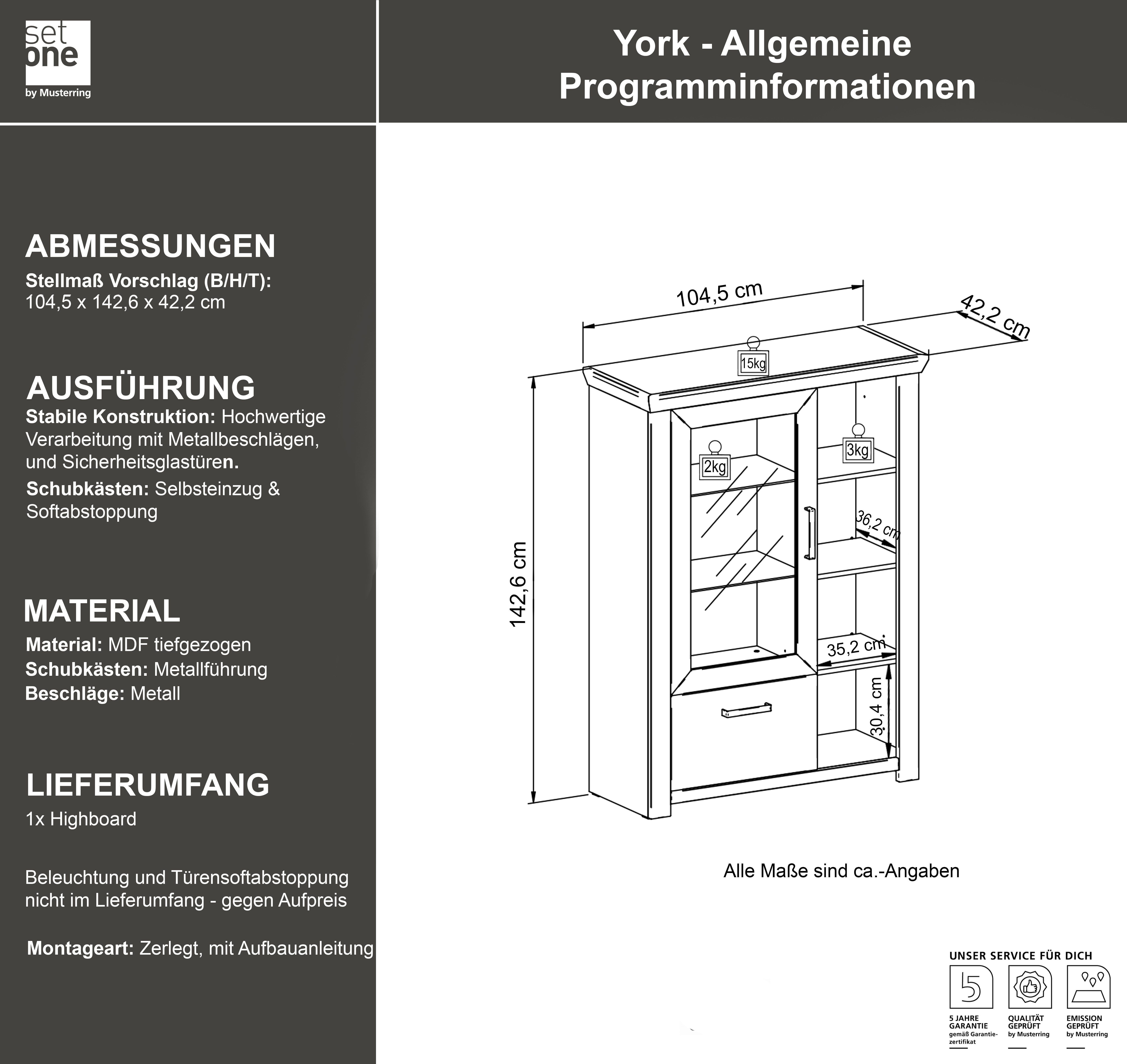 set one by Musterring Highboard York, Typ 13 und 14, mit Glastür und Schubkasten, 3 Farbvarianten, B 105 cm