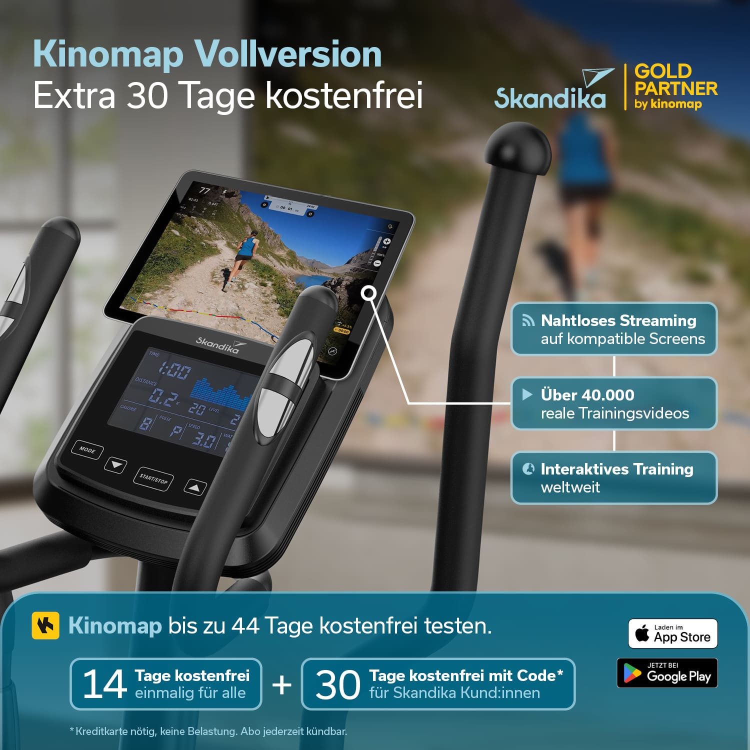 Skandika Crosstrainer für Zuhause Fint P8-R, Heimtrainer leise, 32 Stufen, 22 Programme (Transportrollen, Tablet-Halterung, Display-Anzeige), bis 120 kg, Kinomap App, 8 kg Schwungmasse, Handpulssensoren