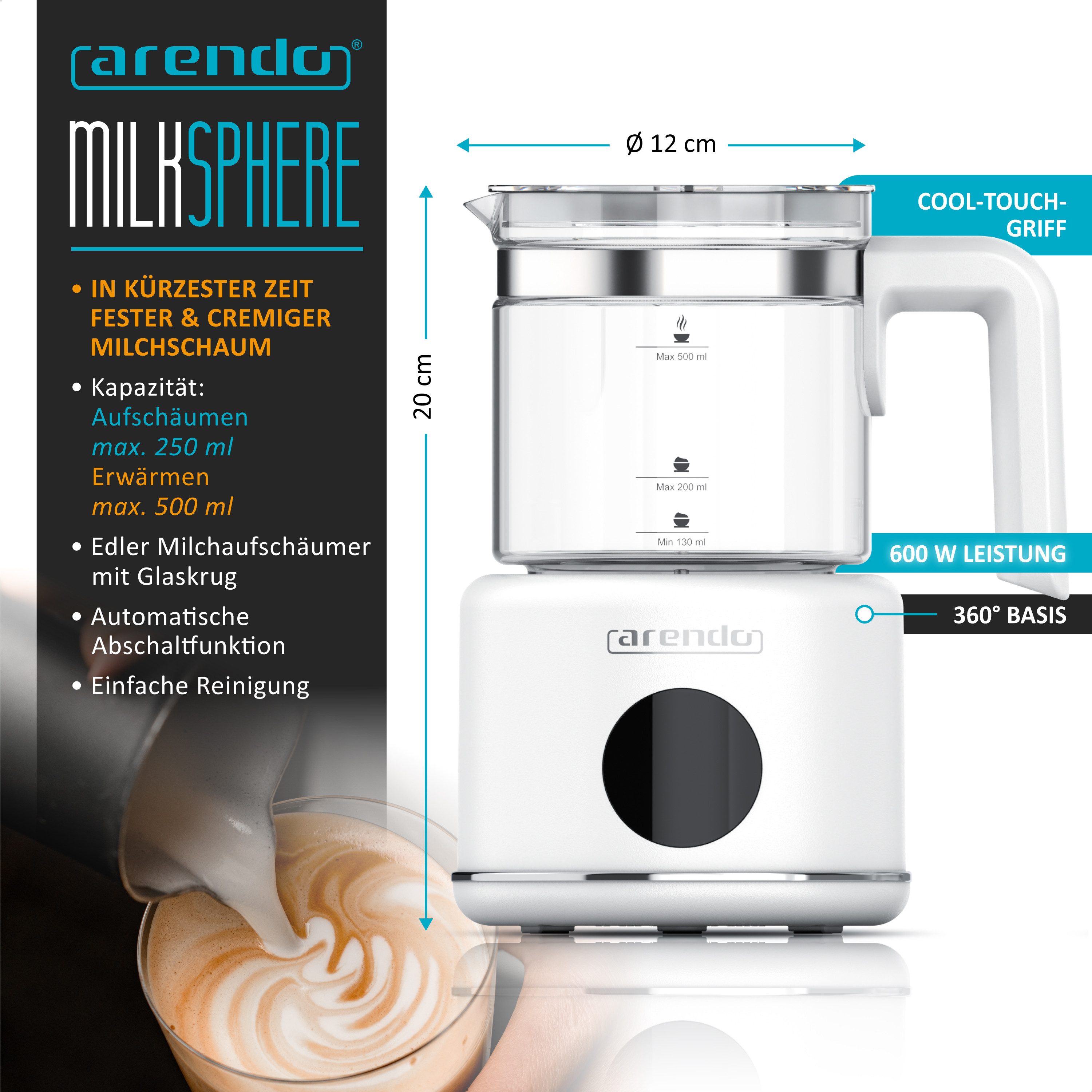 Arendo Milchaufschäumer mit 500 ml Glas Behälter, elektrisch, für heißen & kalten Milchschaum, 600 W, 2 Einsätze, für Cappuccino Latte Macchiato heiße Schokolade uvm.