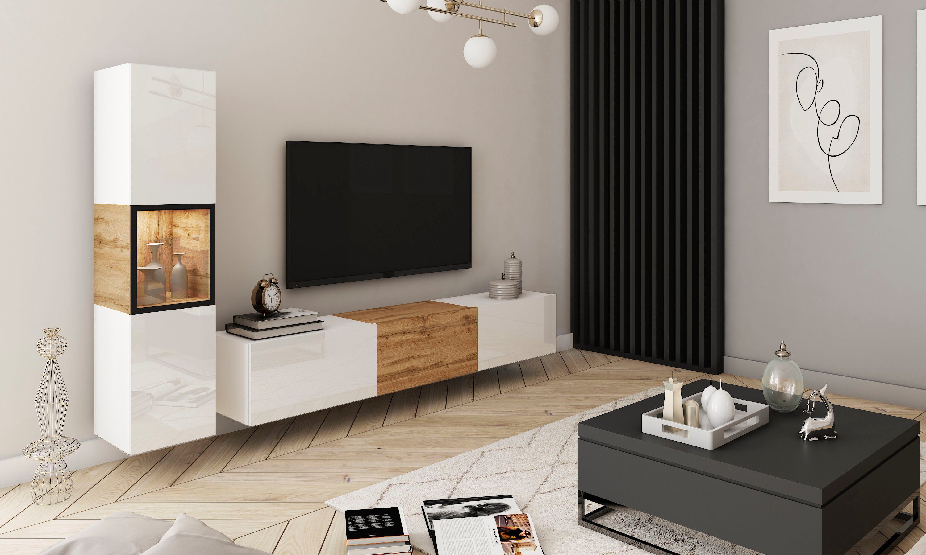 Home affaire Wohnwand BERLIN I, Vitrine Türschlag links/rechts wechselbar, (Komplett-Set, 2-St), moderne grifflose Mediawand Breite 220 cm, Vitrine mit Verglasung