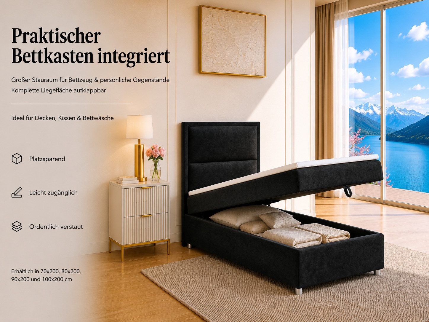 Best for Home Boxspringbett K-11 SINGLE mit Bettkasten, Bonellfederkern, Komfort Topper H3 (Hotelbett, Einzelbett, Kinderbett, Juniorbett, 5-St., 70x200 80x200  – Bild 5 von 5