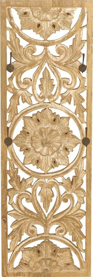 SIT Garderobenpaneel Naxos aus Mangoholz mit 4 Doppel-Haken, Aufwändige Schnitzereien im orientalischen Stil