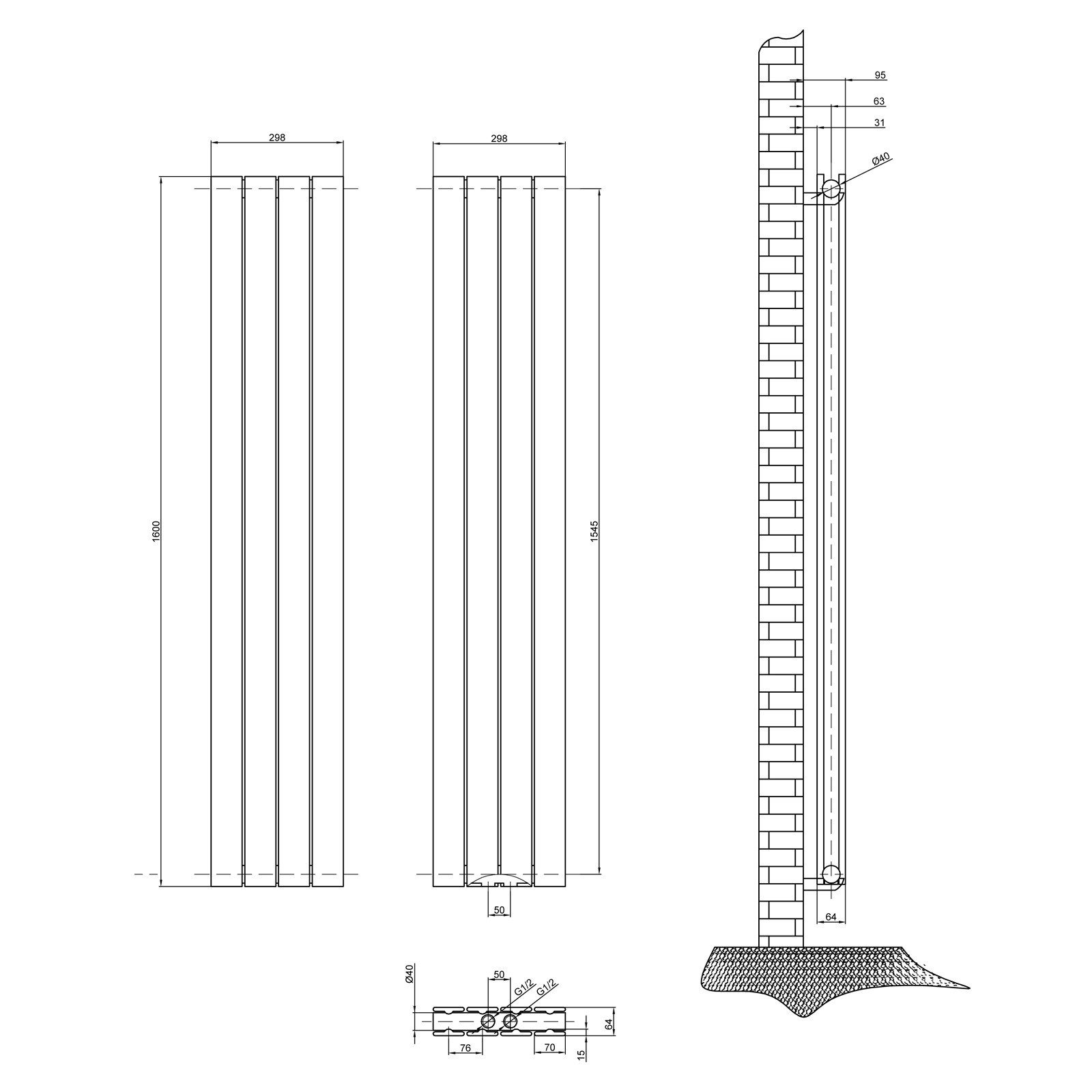 AICA Heizkörper Anthrazit/Weiß Doppellagig Flach Paneelheizkörper Höhe: 160/180cm