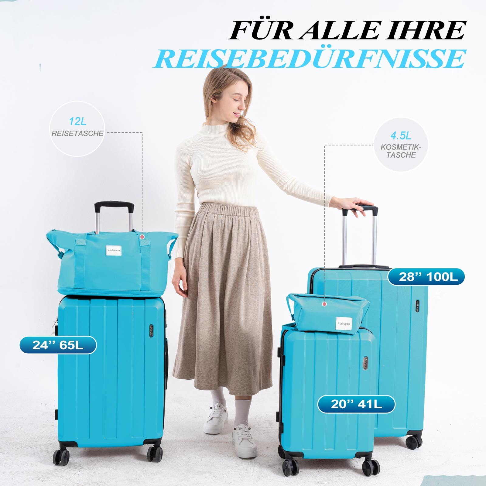 VALLSERO Trolleyset Koffer-Set( M,L,XL) Hartschalen-Koffer, Rollkoffer 5-teiliges Set, Handgepäck 4 Rollen, ABS-Material, Schwarz/Pink
