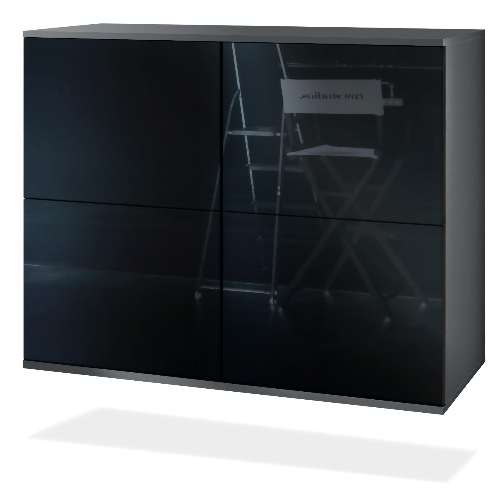 Vladon Kommode Rova V3 (Moderner Küchenschrank, mit 4 Push-to-Open Türen), Anthrazit matt / Schwarz Hochglanz (92,5 x 73.5 x 35)