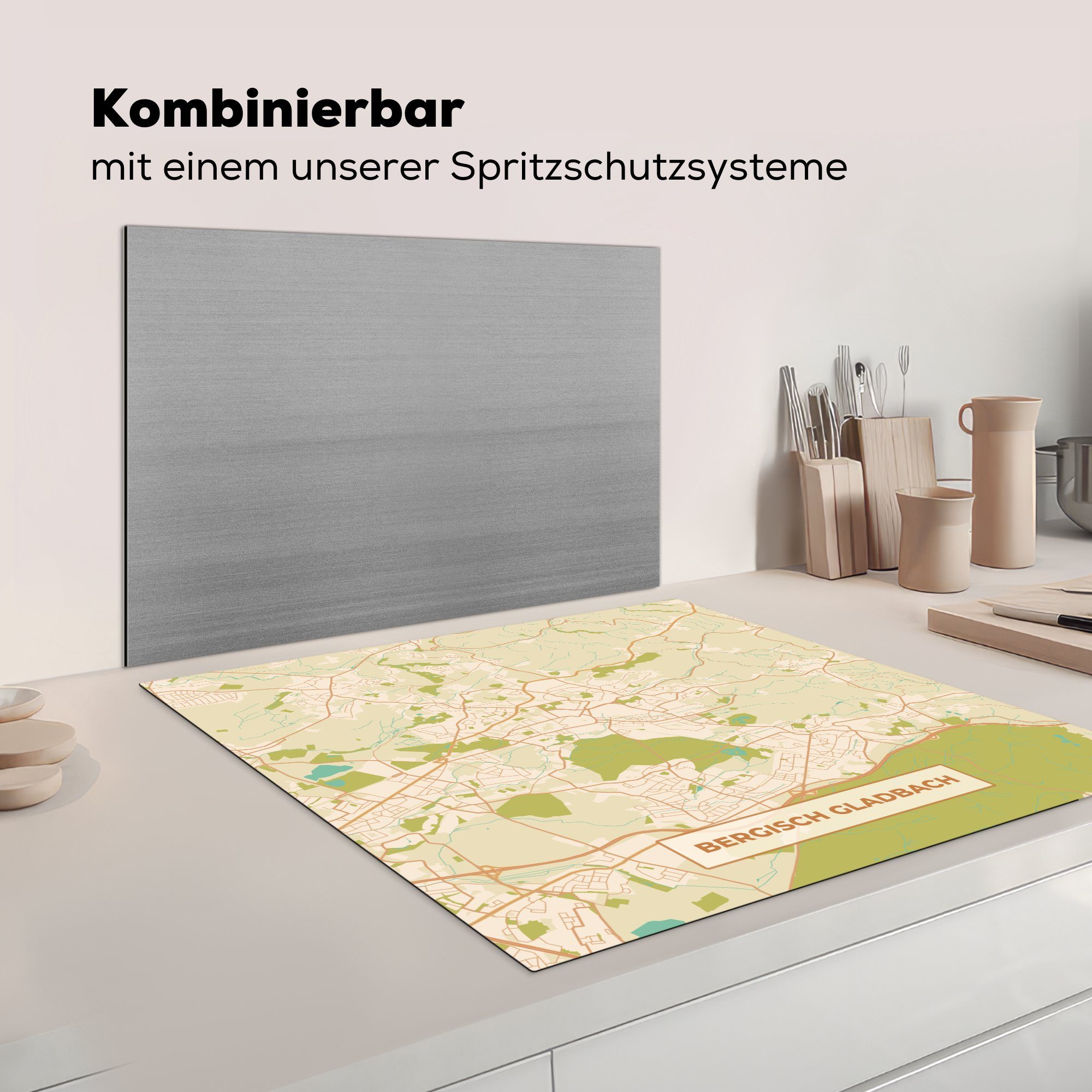 Vintage tlg), - Herdblende-/Abdeckplatte Gladbach Stadtplan, - Arbeitsplatte Bergisch Ceranfeldabdeckung, Vinyl, MuchoWow - Karte 78x78 cm, küche für (1