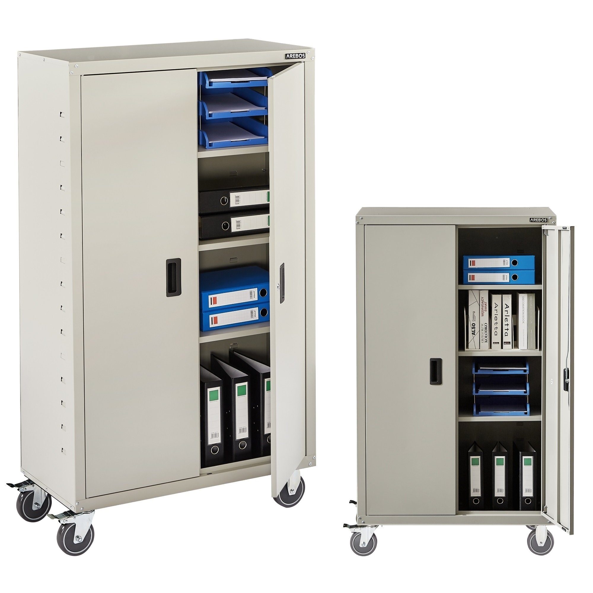 Arebos Aktenschrank Büroschrank Materialschrank Stahlschrank Rollen 140x90x40 cm (Stück, Grau) mit Rollen