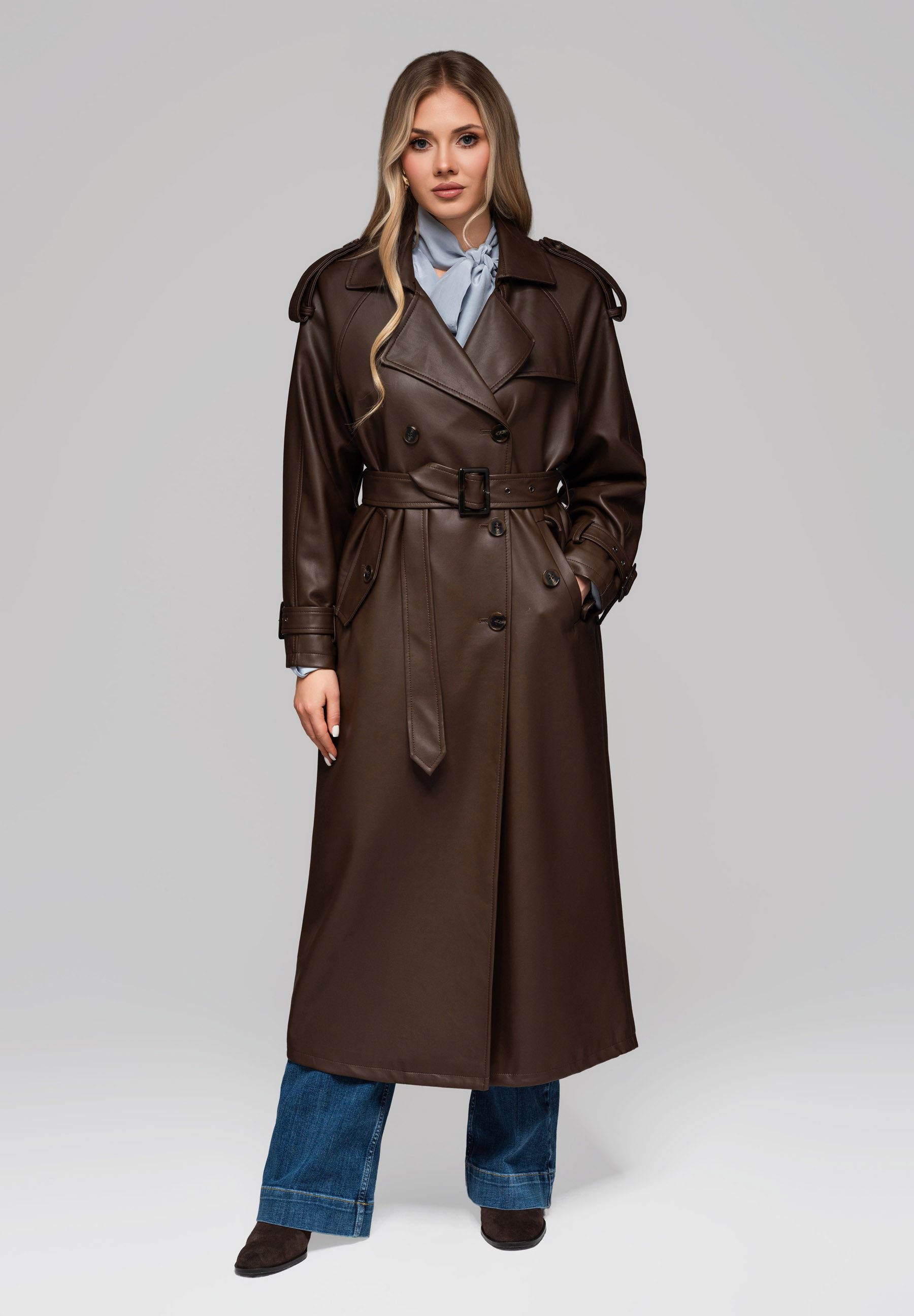 OMBRE Wintermantel Langer Damen-Trenchcoat aus Kunstleder Rückenschlitz für mehr Bewegungsfreiheit