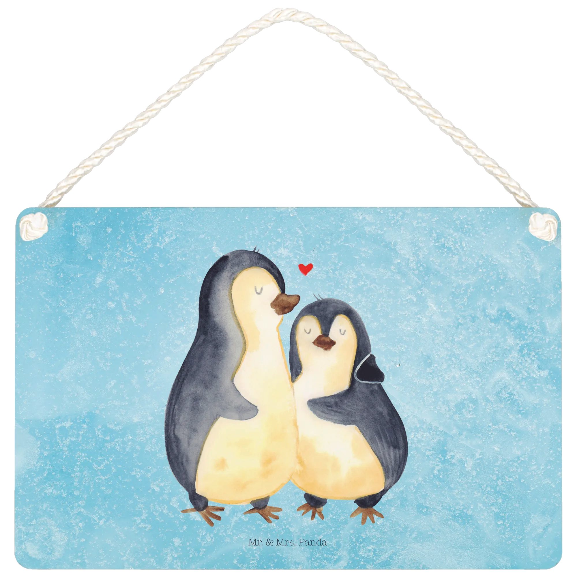 Mr. & Mrs. Panda Hinweisschild Pinguin umarmen DIN A5 - Eisblau - Geschenk, Jahrestag, Seevogel, ver, (Packung, 1 St., Pinguin umarmend), Familienfreundlich