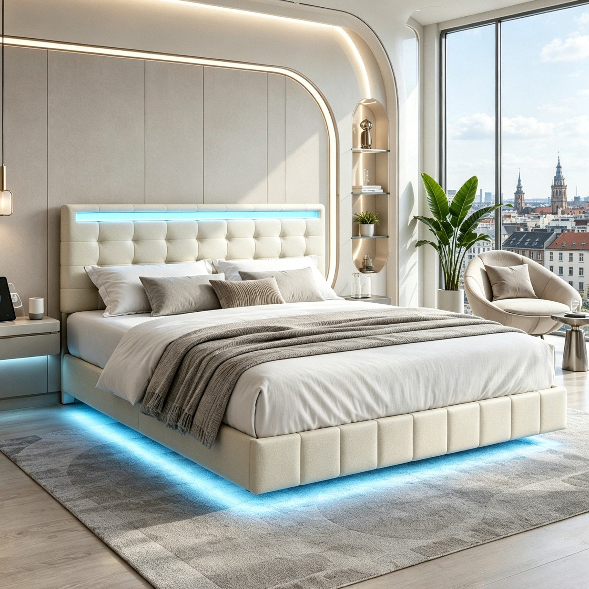 Simurq Polsterbett Schwebebett mit LED-Beleuchtung und USB, Doppelbett 140x200cm (Packung, 1-tlg., Jugendbett mit Kopfteil, Linenstoff), Schwebender visueller Effekt