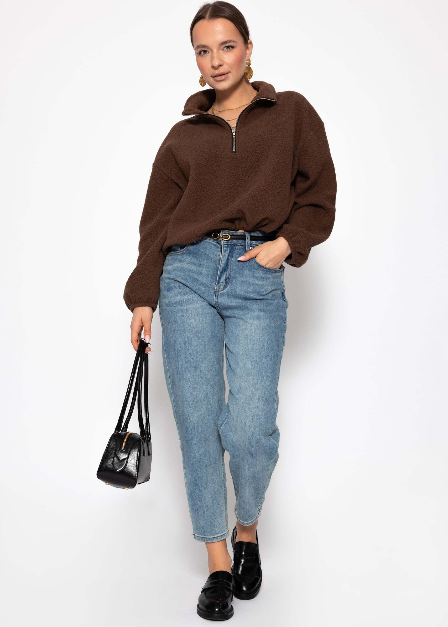 SASSYCLASSY Strickpullover Oversize Fleece Sweatshirt für Damen Lockerer Sweater mit Reißverschuluss und Stehkragen Rosa Braun