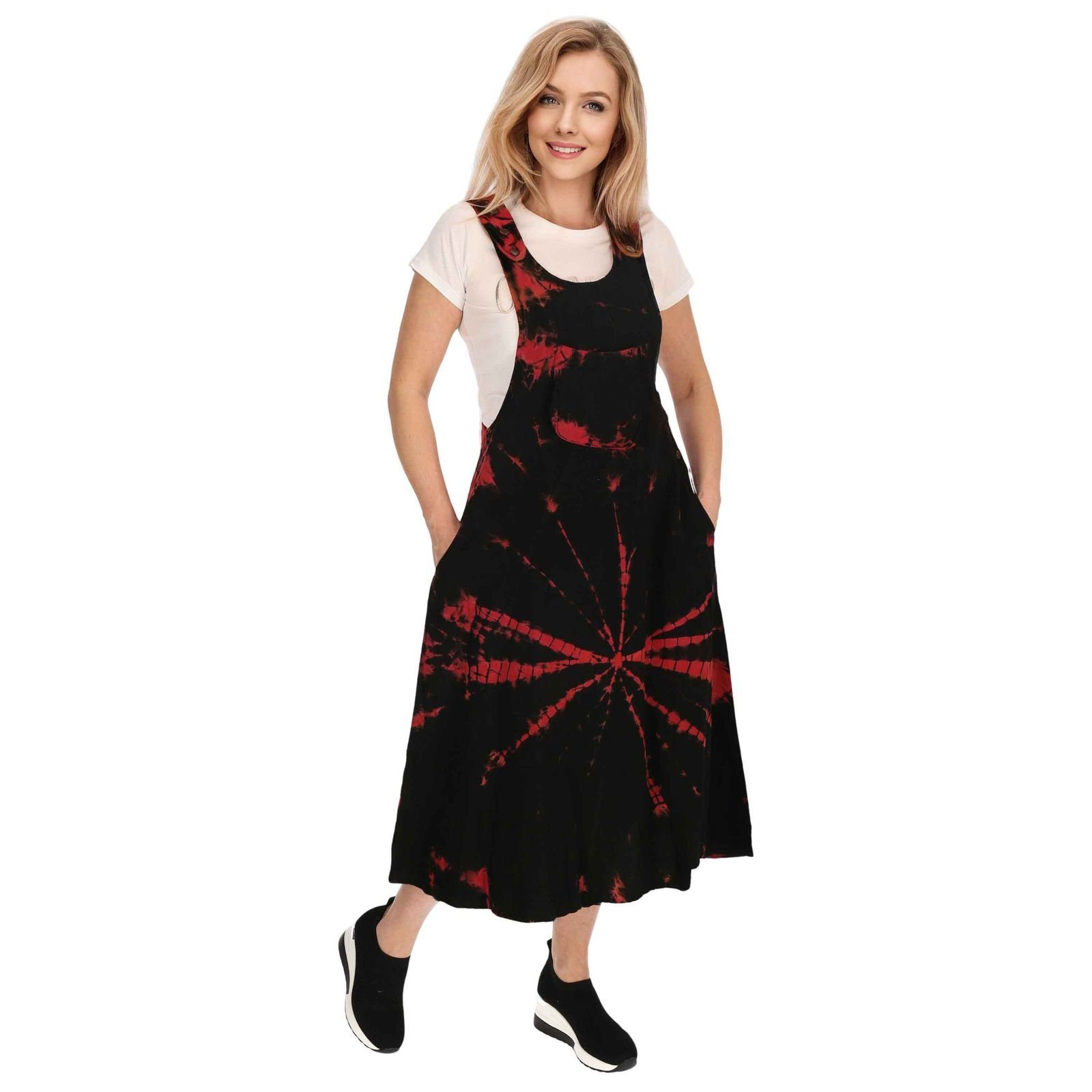 KUNST UND MAGIE Latzhose Schwarz Rot Tie / Ibiza Dy Latzkleid Sommerkleid Overall Batik 70er Boho bunt Hippie